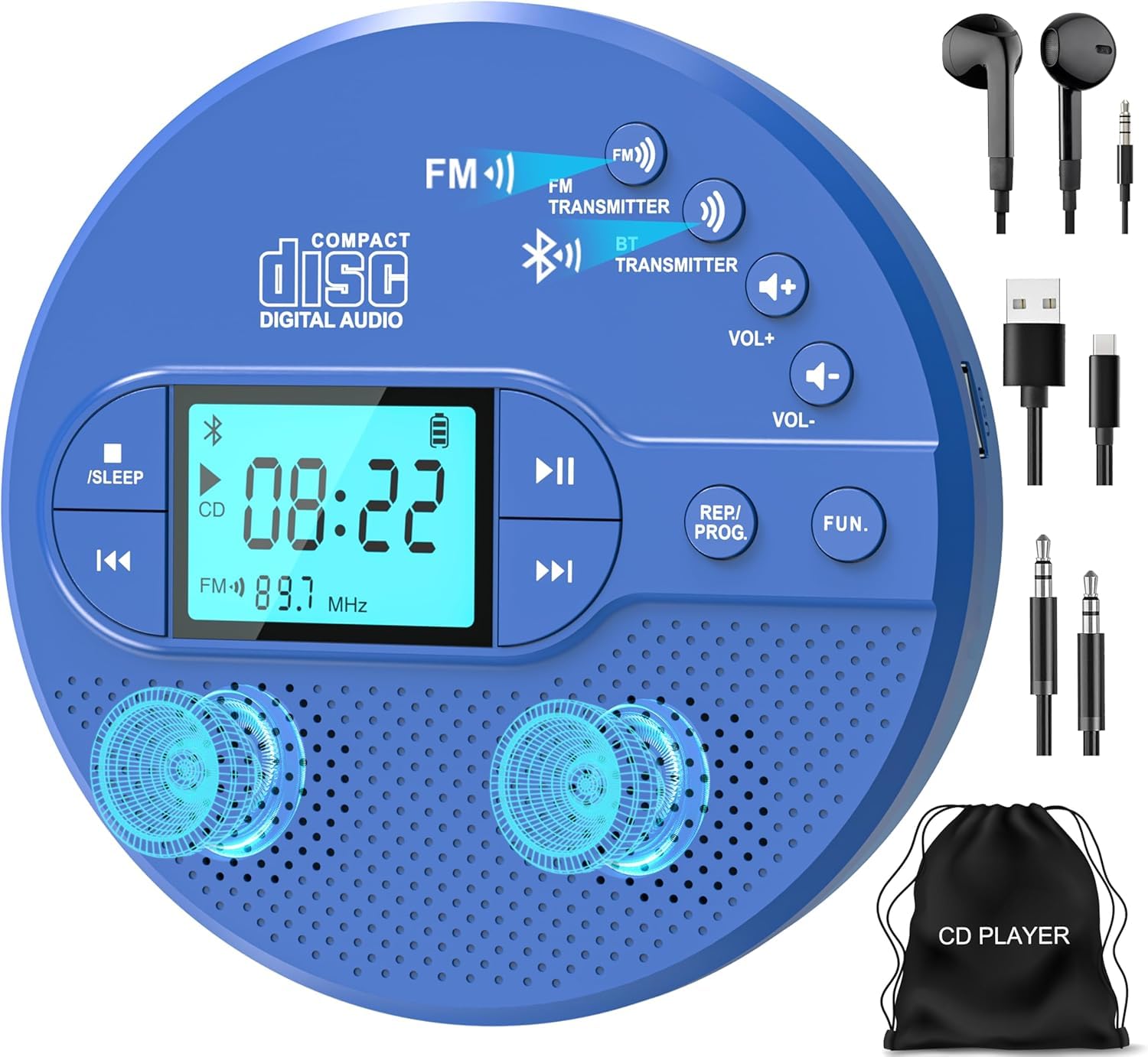 Greadio Lettore CD portatile con Bluetooth 5.3, lettore CD Discman | Trasmettitore FM ricaricabile, 2000 mAh, compatibile, USB, AUX, lettore MP3 con cuffie e anti-skip/antiurto (blu)