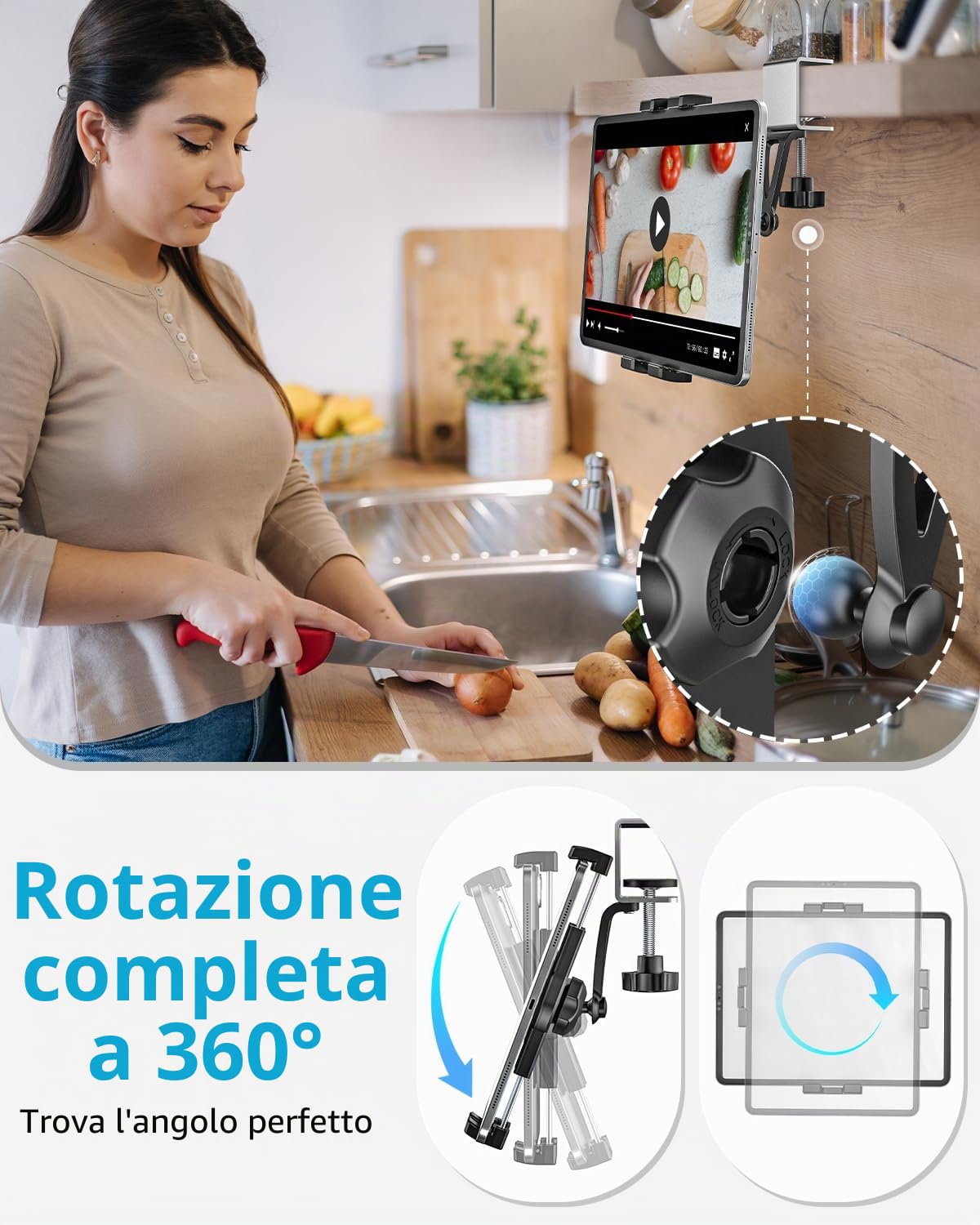 Supporto Tablet Cucina, Porta Tablet Cucina Tavolo Armadio | con Clamp in Metallo, Facile da Installare, per iPad Pro 12.9 10.5 9.7 Air Mini, iPhone e 4-13" Tablets & Telefonos