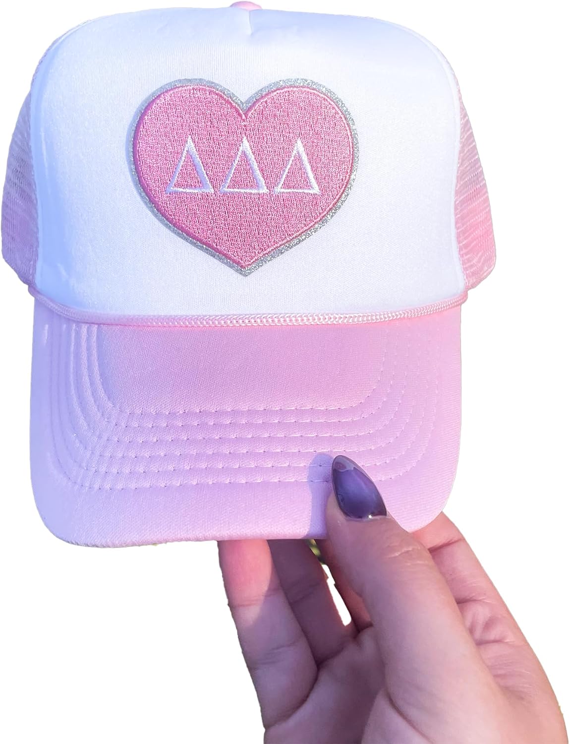 Go Greek Chic Sorority Letter Heart Patch Trucker Hat, Trendy Foam Front Cap with Mesh Back, Pink & White
