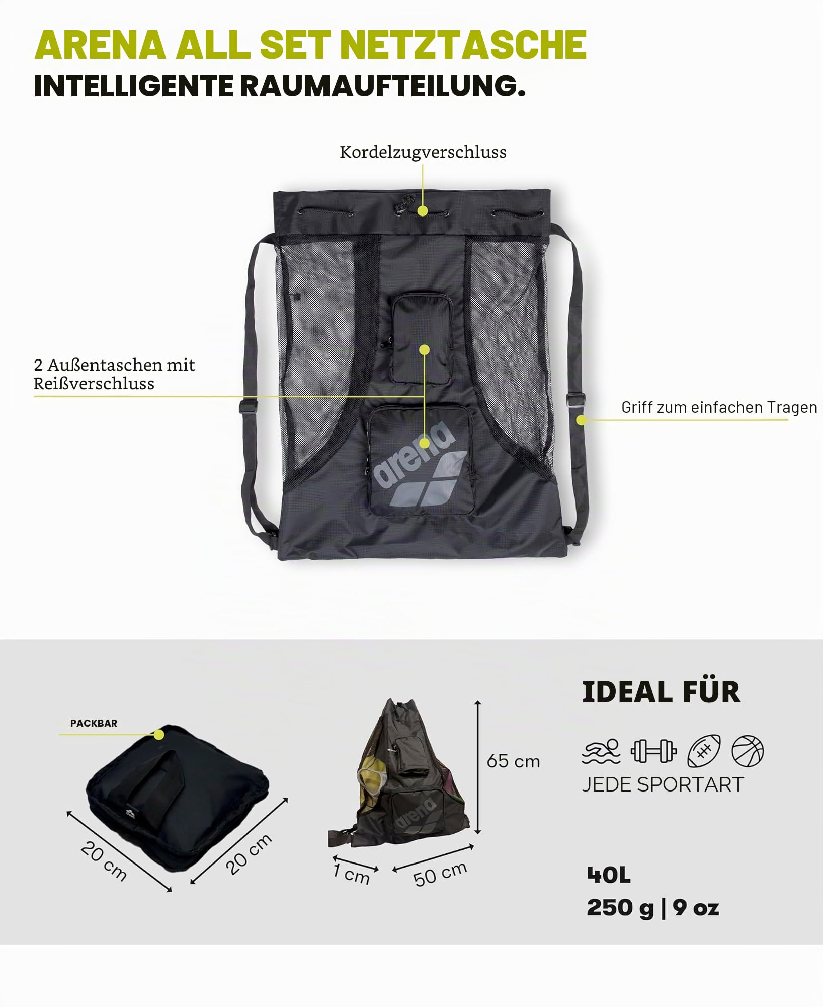 Arena All Set Schwimmsack Netztasche Pool Strand Ausrüstung Kordelzug Umhängetasche für Schwimmzubehör, schnell trocknende Polyester-Ausrüstungstasche für Schwimmteamübungen, Schwarz, 40 Liter