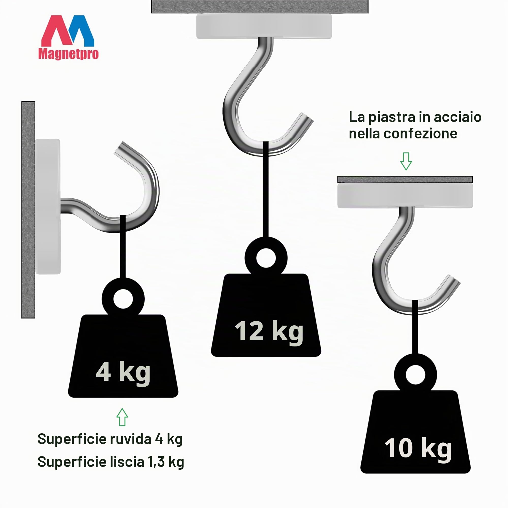 Magnetpro 12 pezzi magneti 10 KG forza 20 x 7 mm con foro e capsula, magnete al neodimio con base in acciaio svasato con viti e 12 cuscini in acciaio (Argento Brillante)