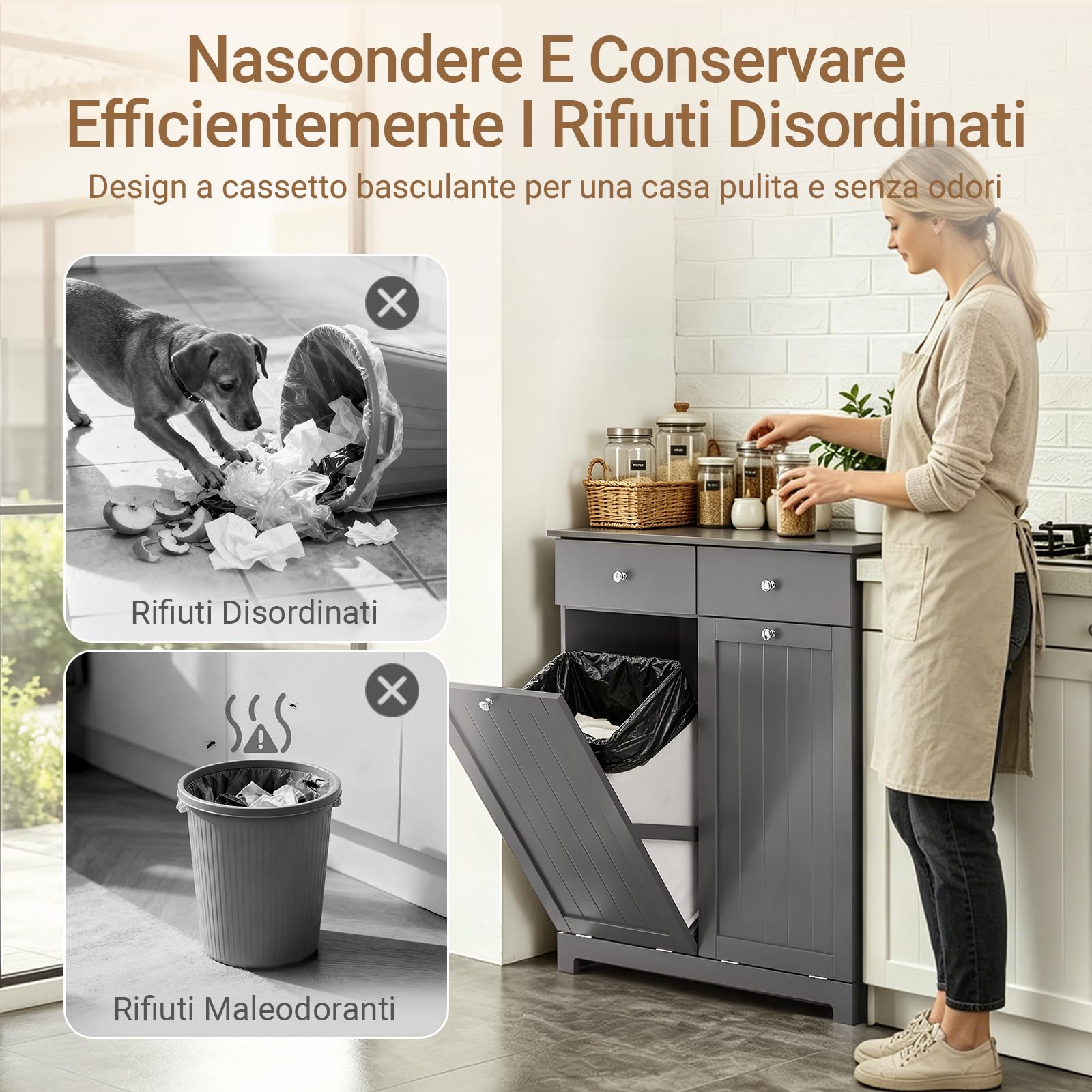 SoBuy Mobile Spazzatura Cucina con Pattumiera Integrata 78x38x90cm Cucina | Armadietto Raccolta Differenziata con 2 Cassetti E 2 Sacchi da 45L, Chiusura Silenziosa, Grigio, BZR33-II-DG