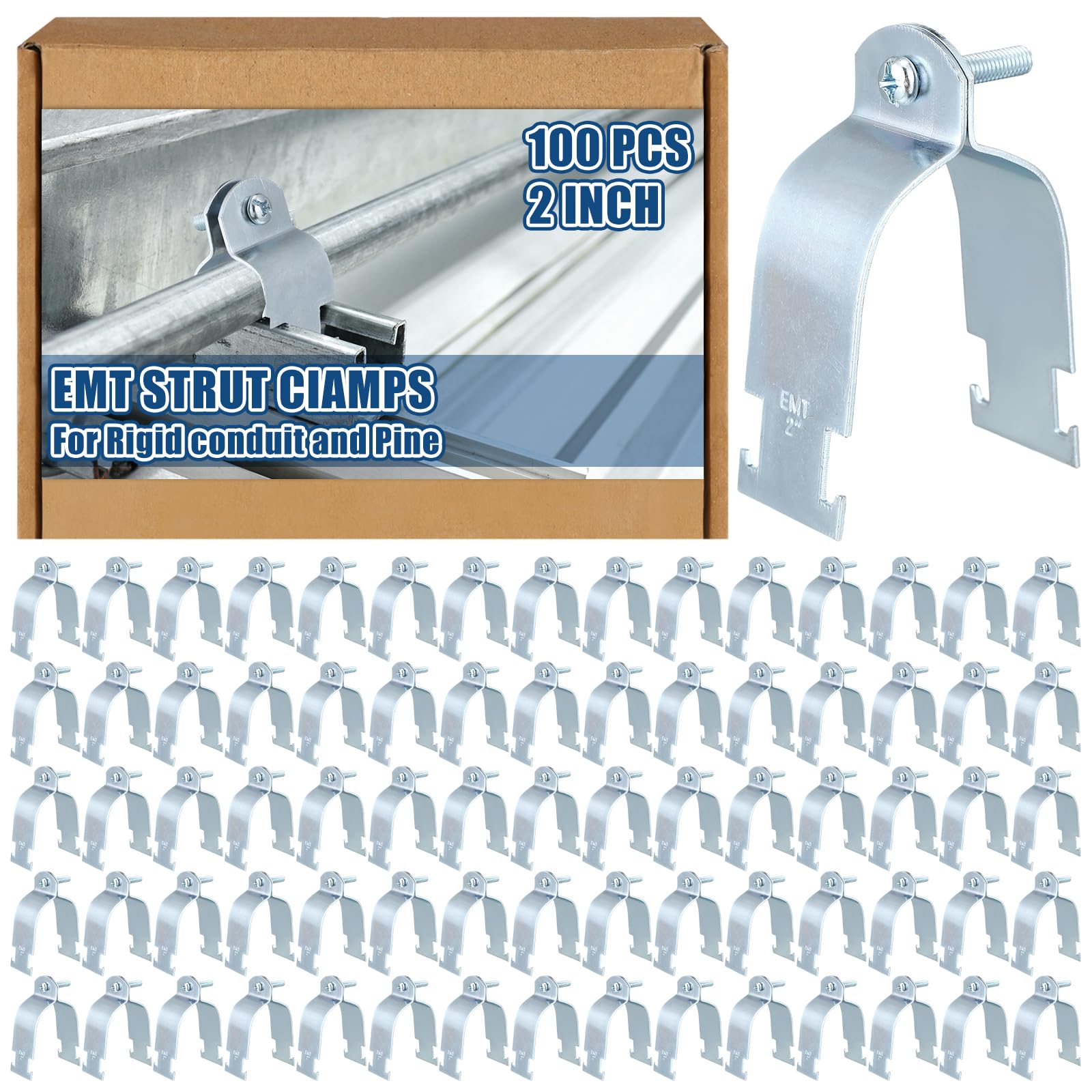 Landhoow Emt Pipe Universal Strut Clamps Strut Channel Accessory Electro Galvanized Conduit Clamp with Bolt and Nut, Rigid Pipe Tool(2 Inch,Silver,100 Pcs)