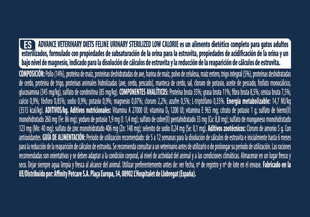 Advance Veterinary Diets Urinary Low Calorie, Pienso para Gatos para el Control del peso y protección de las vías urinarias, 7,5kg