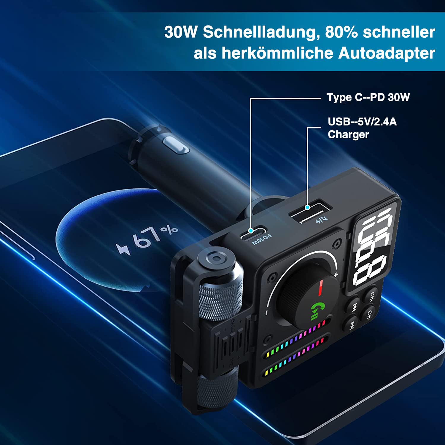 GizmoVine Nadajnik samochodowy Bluetooth 5.3 FM, adapter radia z PD 30 W i USB 12 W, telefon do Mani Libere, odtwarzacz MP3 zapalniczka, uchwyt USB, 64 GB, Accenti i Bassi