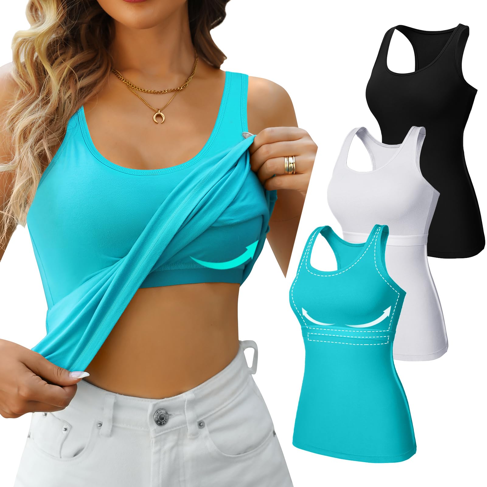 Charmo Canottiera da donna con reggiseno a mensola, in cotone, vestibilità aderente, confezione da 3