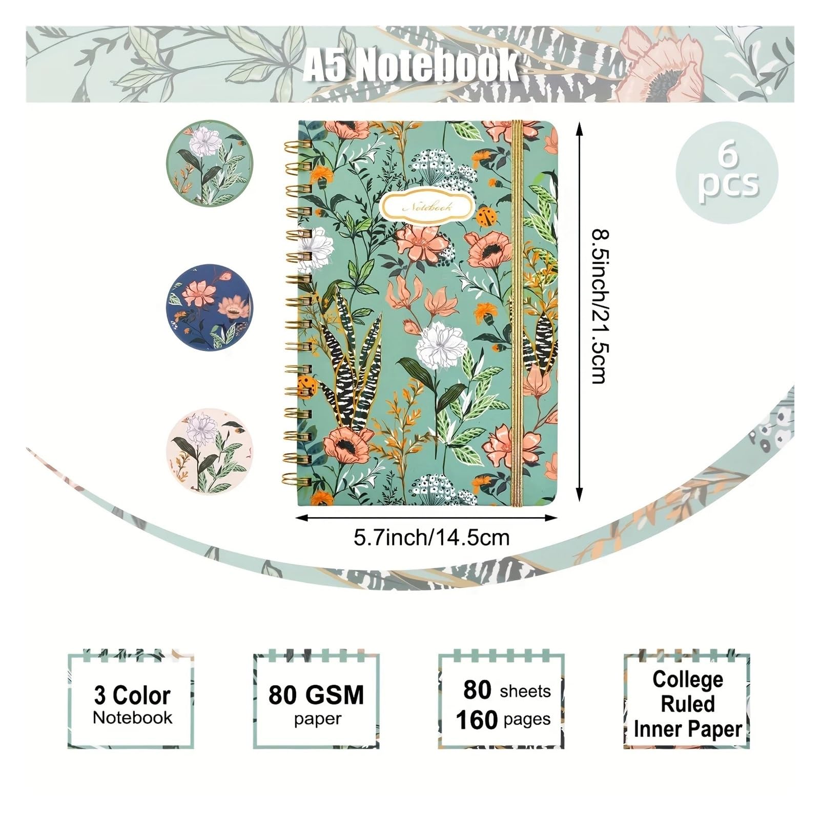 spiralbuch A5 Hardcover College-Lineatur-Tagebuch, 80 Blatt/160 Seiten, 5,7" x 8,5", Freihand-Blumenband(WHITE)