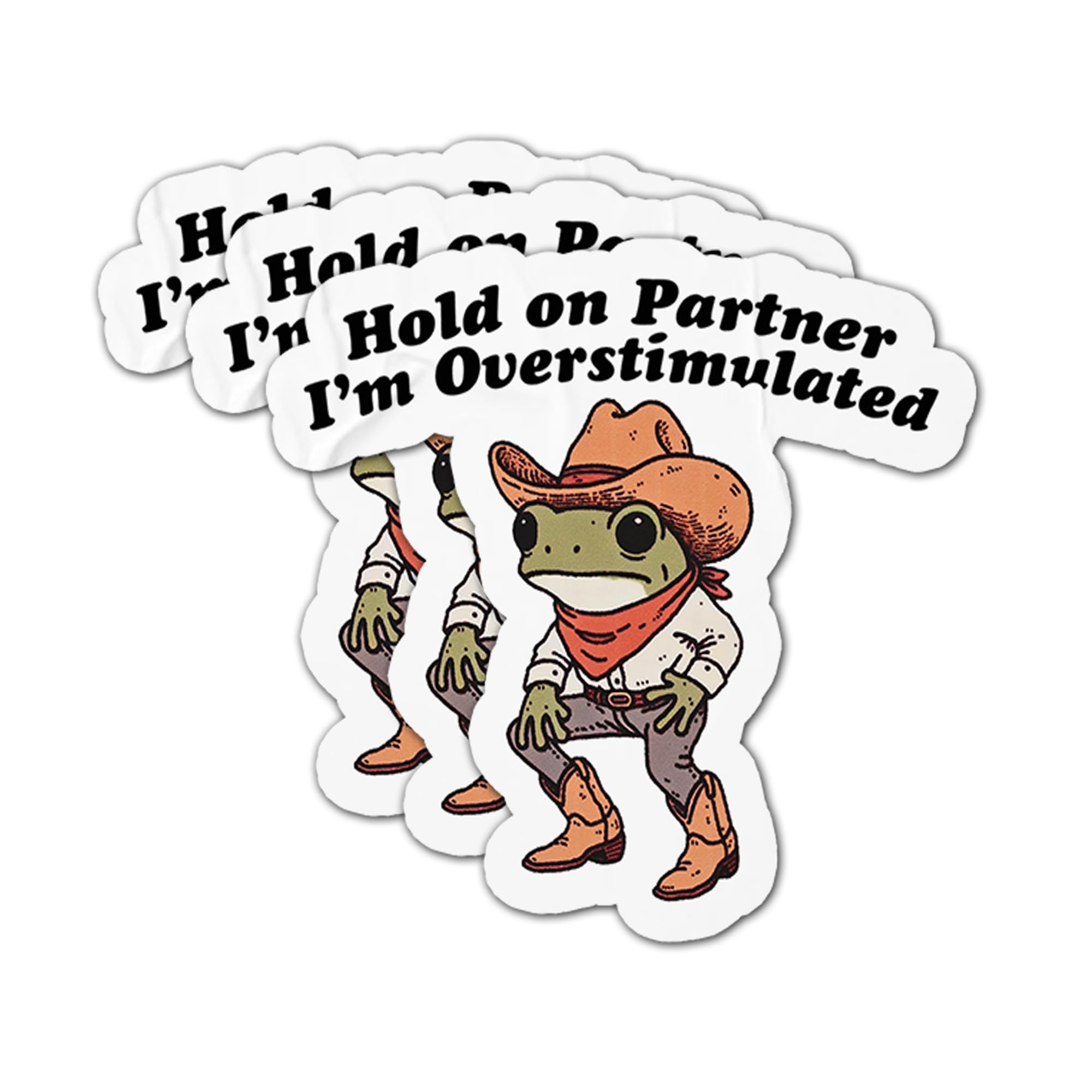 Photo 1 of (3Pcs) Hold On Im Overstimulated Sticker Cowboy Frog Funny Quote Animal, Meme Sticker - Vinyl Decals for Tumblers, Laptops, Phone Case, Notebook, Decals Gifts for Her Him (3 inches)