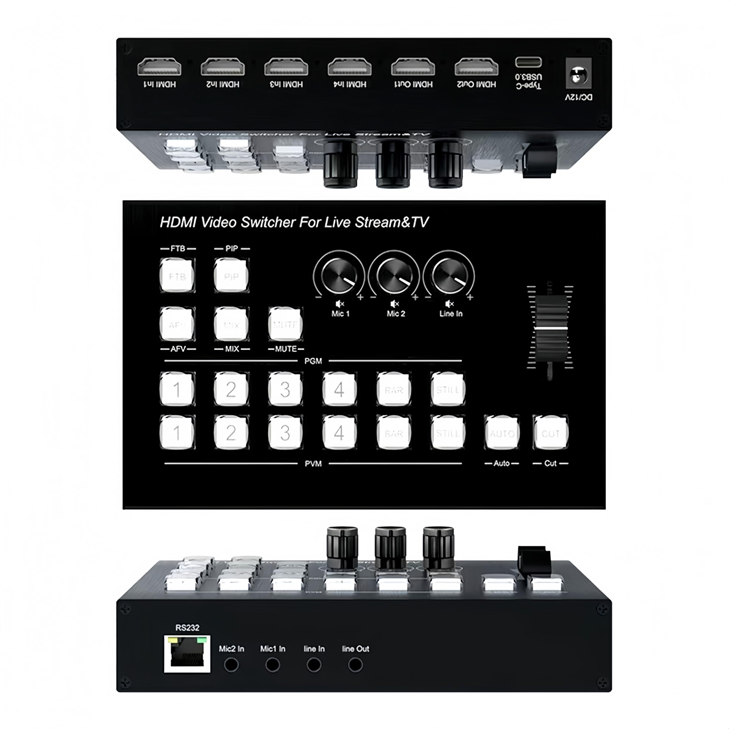 Video Mixer Switcher 4K 4HDMI Input 2HDMI Output Multi Camera Live Streaming Switcher 2MIC/LINE in/LiNE Out Audio Mixer,RS232 Type-C USB3.0 Capture Support PGM PVW PIP OSD 1080P HD Output etc