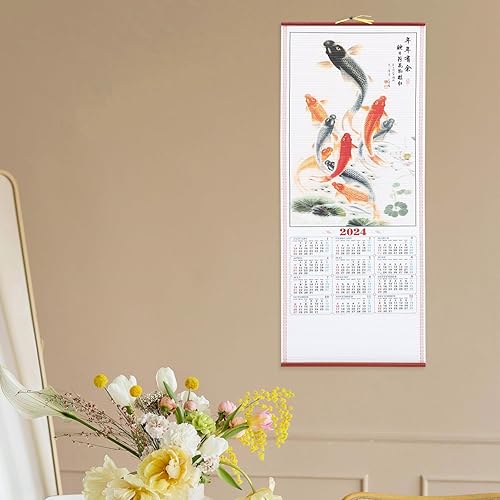 Miniatura 8 de Amosfun Calendario del año del dragón Calendario chino de pergamino de pared 9 Koi Fish Painting Scroll Colgante Anual Imitación Ratán Calendario