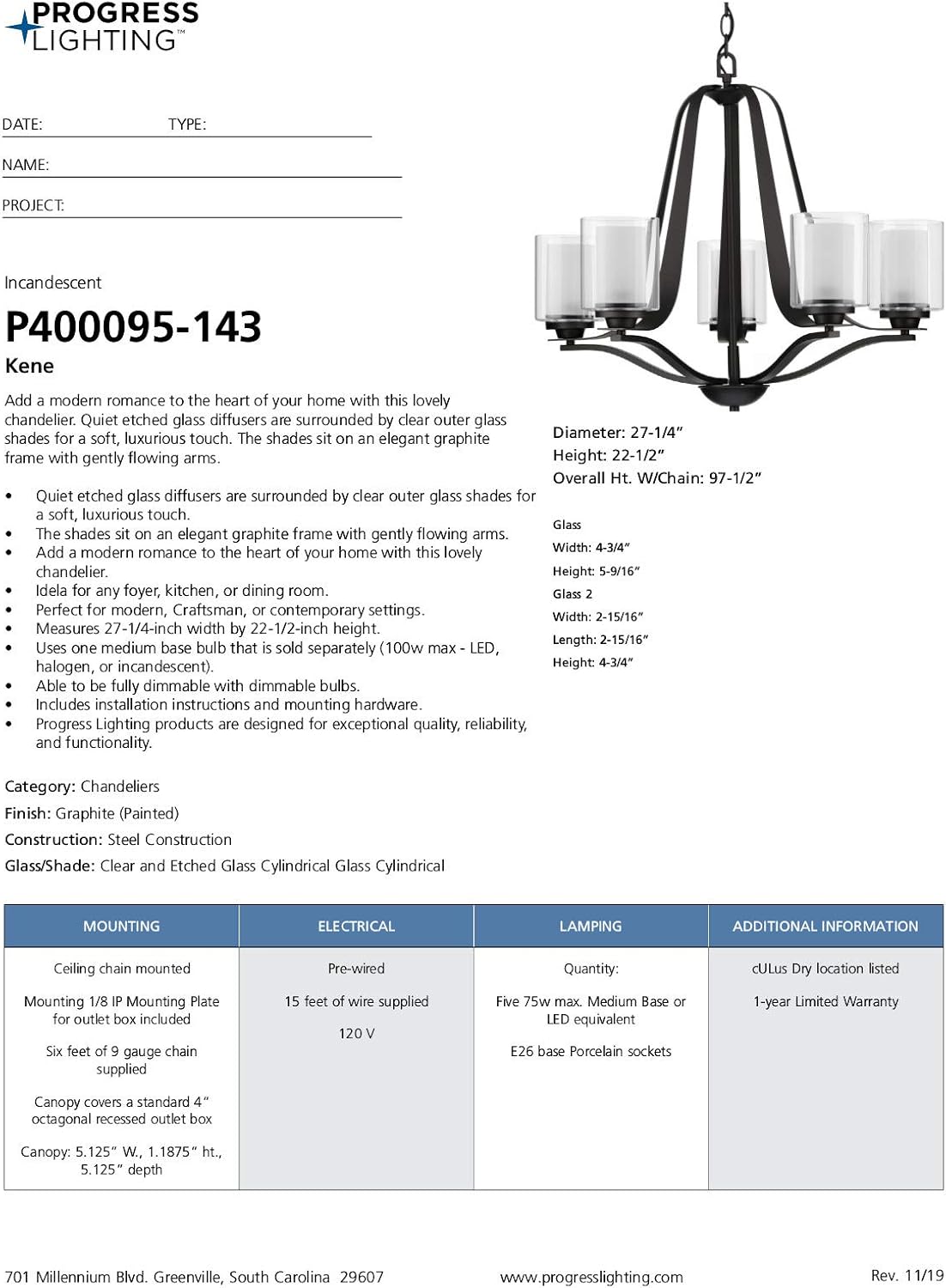 Progress Lighting Kene Collection 5-Light Clear Glass Craftsman Chandelier Light Graphite