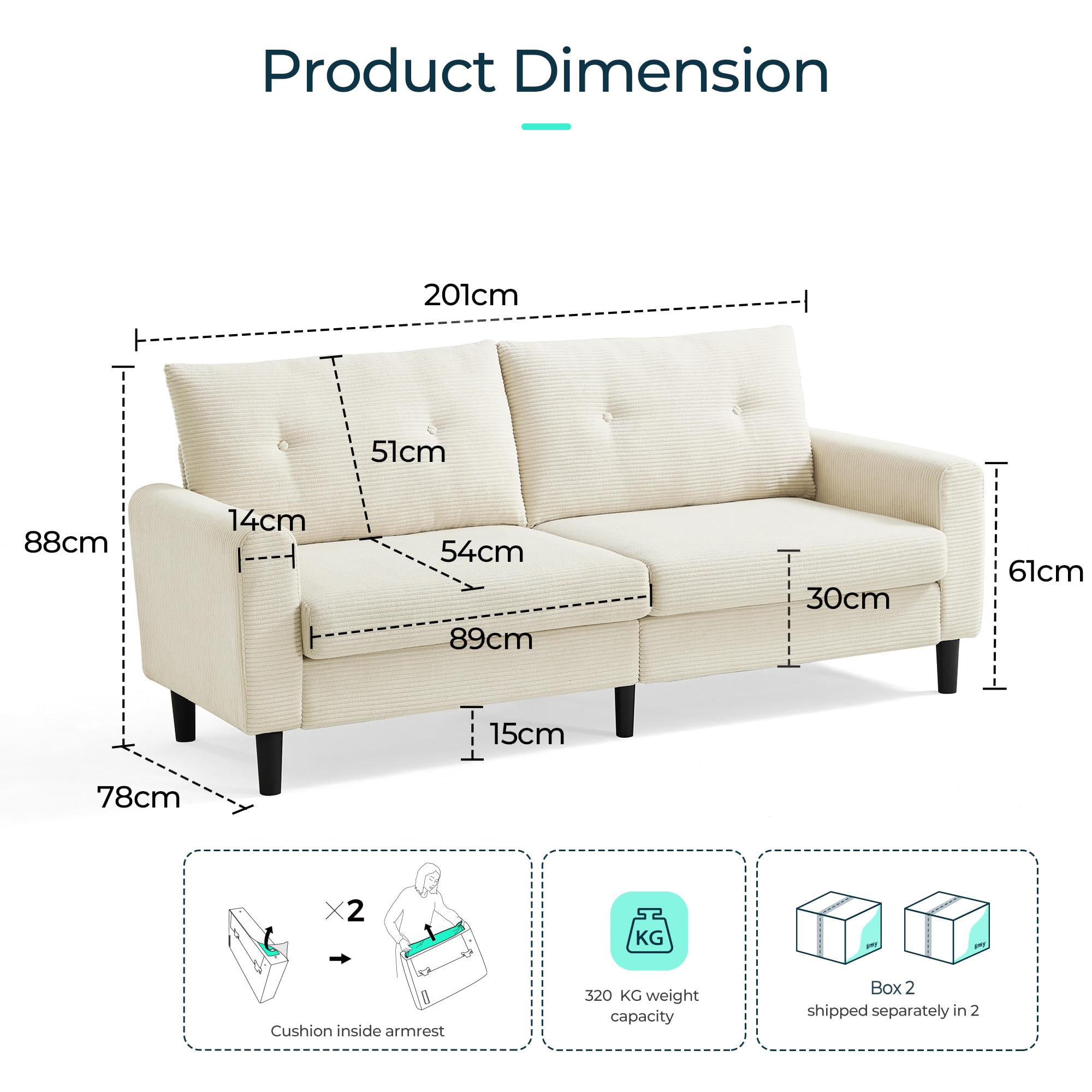 LINSY HOME Sofa 3 Sitzer, 201cm Breit Sofas mit Verstellbarer Sitztiefe, Kleine Sofacouch für Wohnzimmer Schlafzimmer Wohnung Büro, Cremefarben