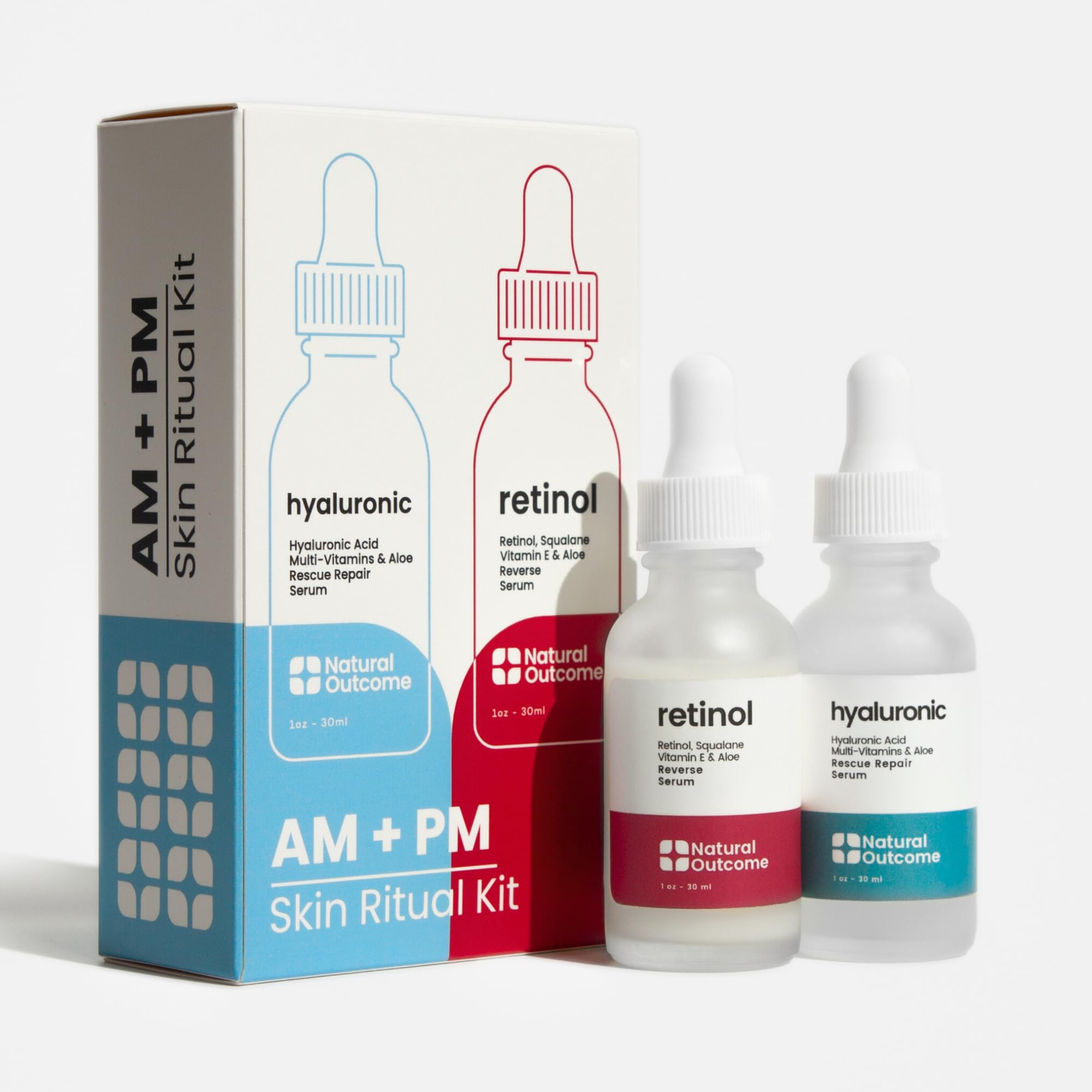 Natural Outcome Hydrating Hyaluronic Acid Serum and Retinol Facial Serum - Night and Day Anti Aging Facial Serum Set 1 oz Each, Vegan, Cruelty Free &