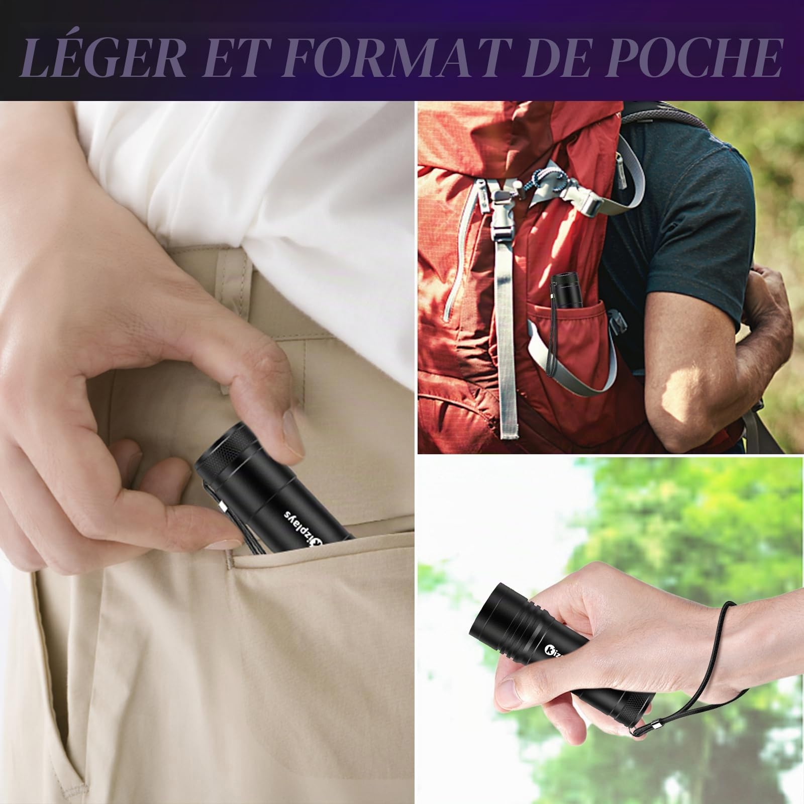 kizplays Lampe de poche UV, 395 nm, détecteur de lumière noire pour urine d'animaux, taches, punaises de lit et plus encore, 3 piles AAA incluses [Classe énergétique A+]