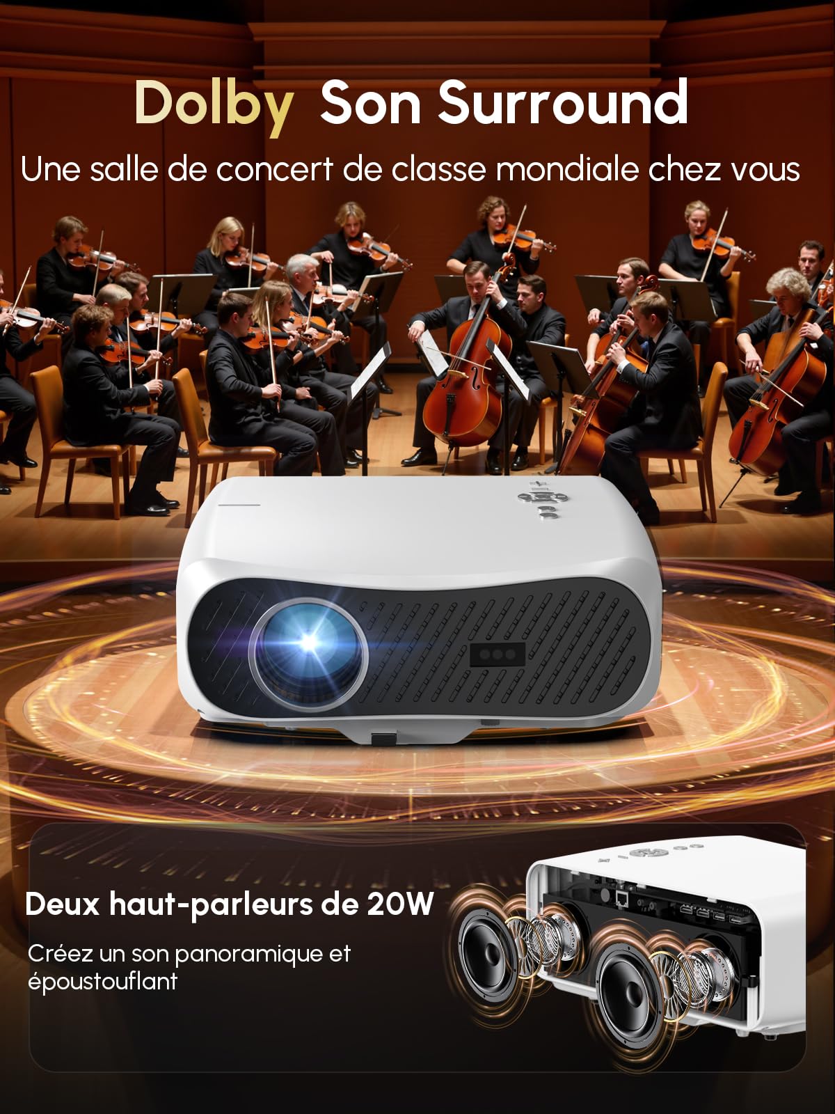 Projecteur Intelligent Lumière du Jour 2400 ANSI, 4K UHD HDR10, Mise au Point TOF, HDMI eARC/CEC, WiFi 6, Bluetooth 5.4, 2x38W, Cinéma Maison, Jeux Vidéo, Projection au Plafond