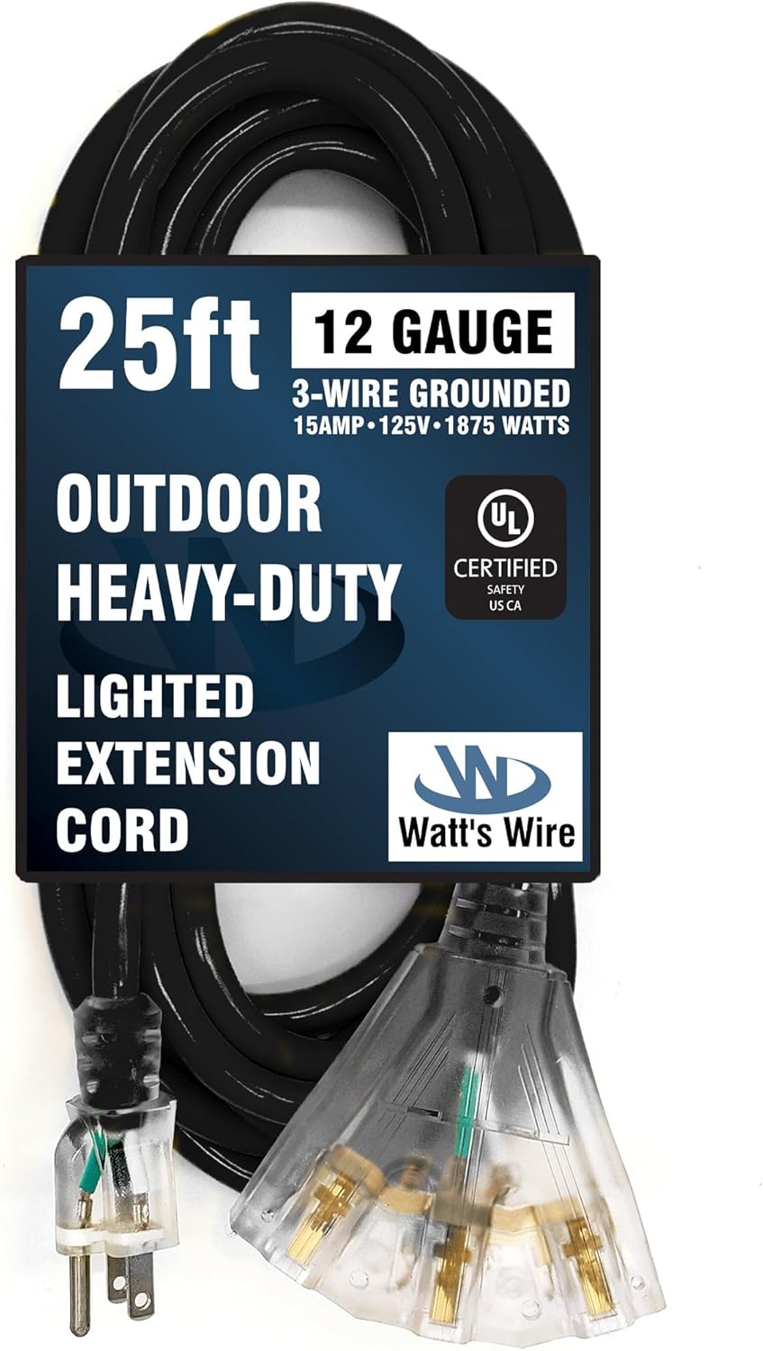 25 ft Outdoor Extension Cord Waterproof - 12 Gauge Heavy Duty Extension Cord 25 ft - Lighted Outdoor Extension Cords with Multiple Outlets - Watts Wire - 25' Grounded - extensiones electricas