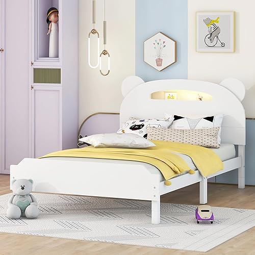 Miniatura 3 de Harper & Bright Designs Base de cama individual para niños, cama de plataforma de madera tamaño individual con cabecera en forma de oso, bonita cama