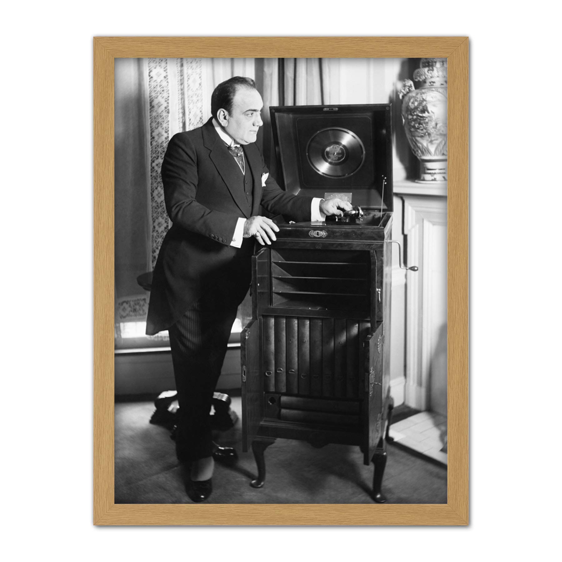 Fine Art Prints Bain Opera Singer Enrico Caruso Phonograph Photo work Framed Wall 18X24 Inch