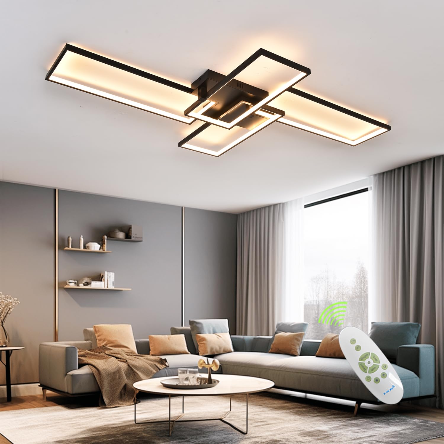 Black Plafoniera LED Soffitto,L130cm Plafoniera Led Soffitto Moderna con Telecomand