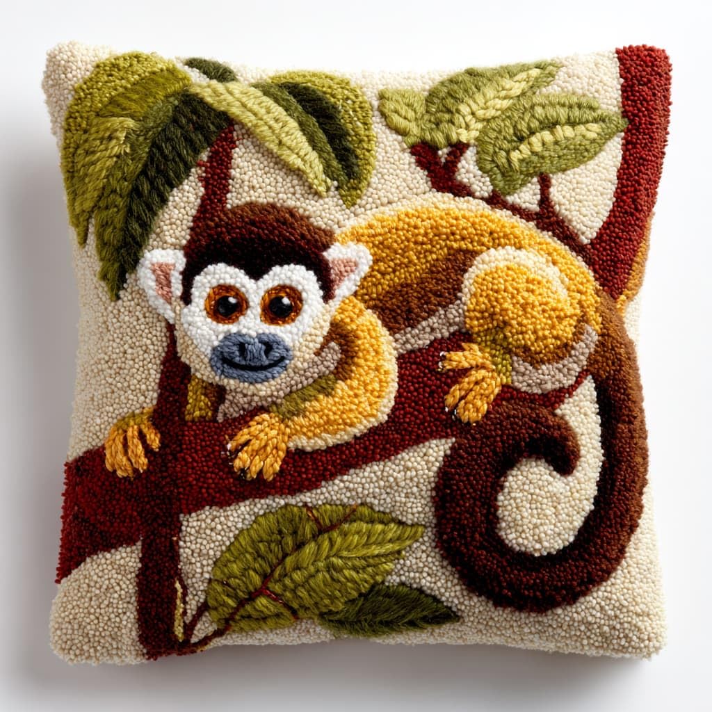 Taxpy Latch Hook Kits, Animals Monkey Pillow DIY Rug Crochet Hook Cushion Making Kits with Preprinted Pattern Canvas Handmade Cushion Kit 43x43cm