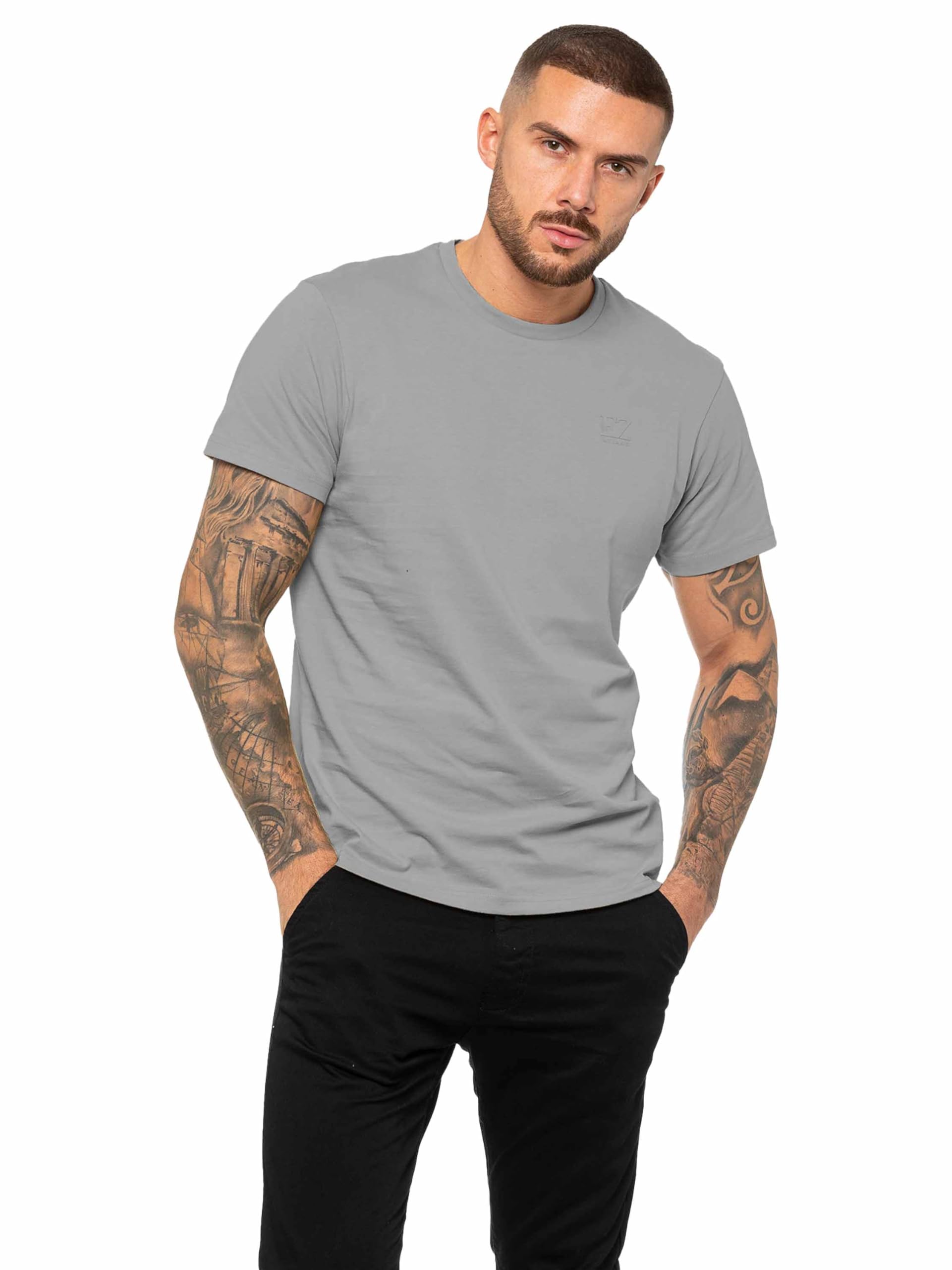 989Zé ENZO Mens Regular Fit T Shirt Plain Cotton Tee Crew Neck Top Short Sleeve Casual Tshirt (UK, Alpha, L, Regular, Regular, Grey)