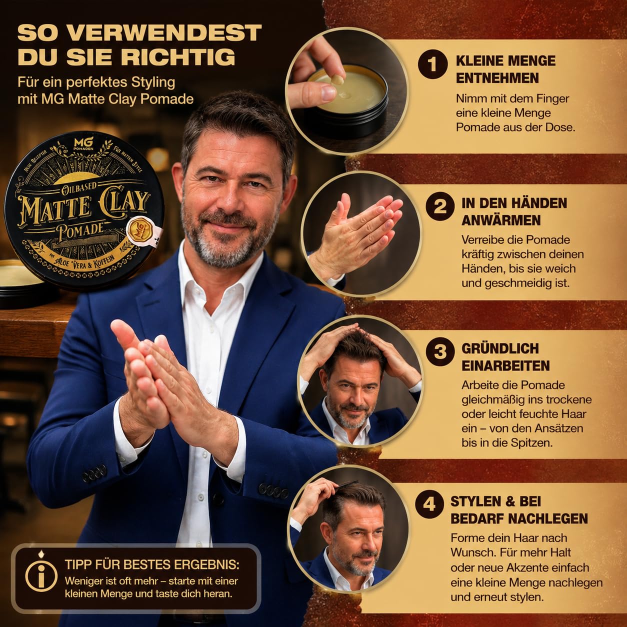 MG Pomade MATTE CLAY – glinka do włosów, mat, mocne utrwalenie | Pomada na bazie oleju z kofeiną i aloesem; odporna na wodę, do poprawiania fryzury i testowana dermatologiczni