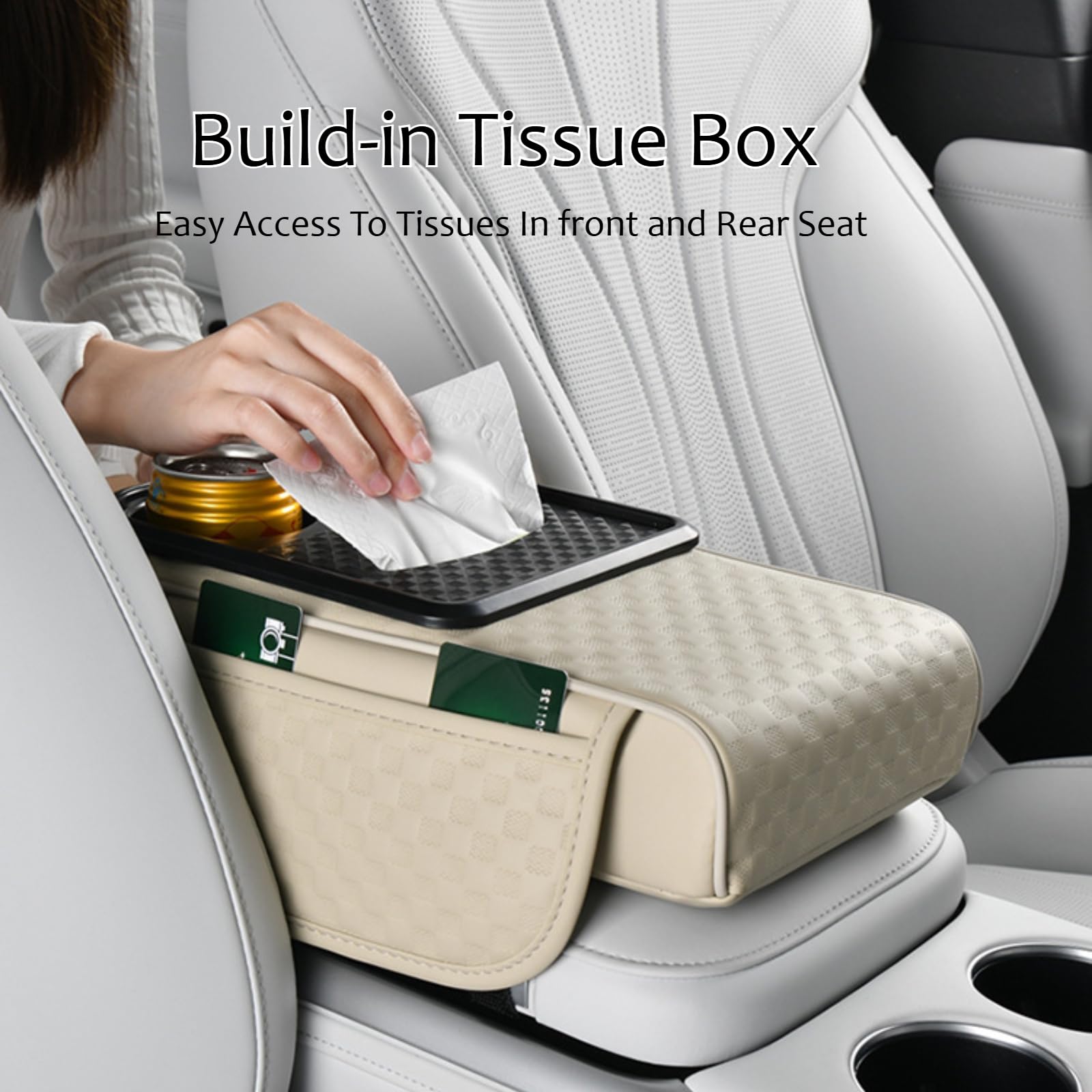 Edotim Universal Car Arm Rest Cover - Microfiber Leather With Storage Pockets, Cup Holders & Tissue Box, Beige