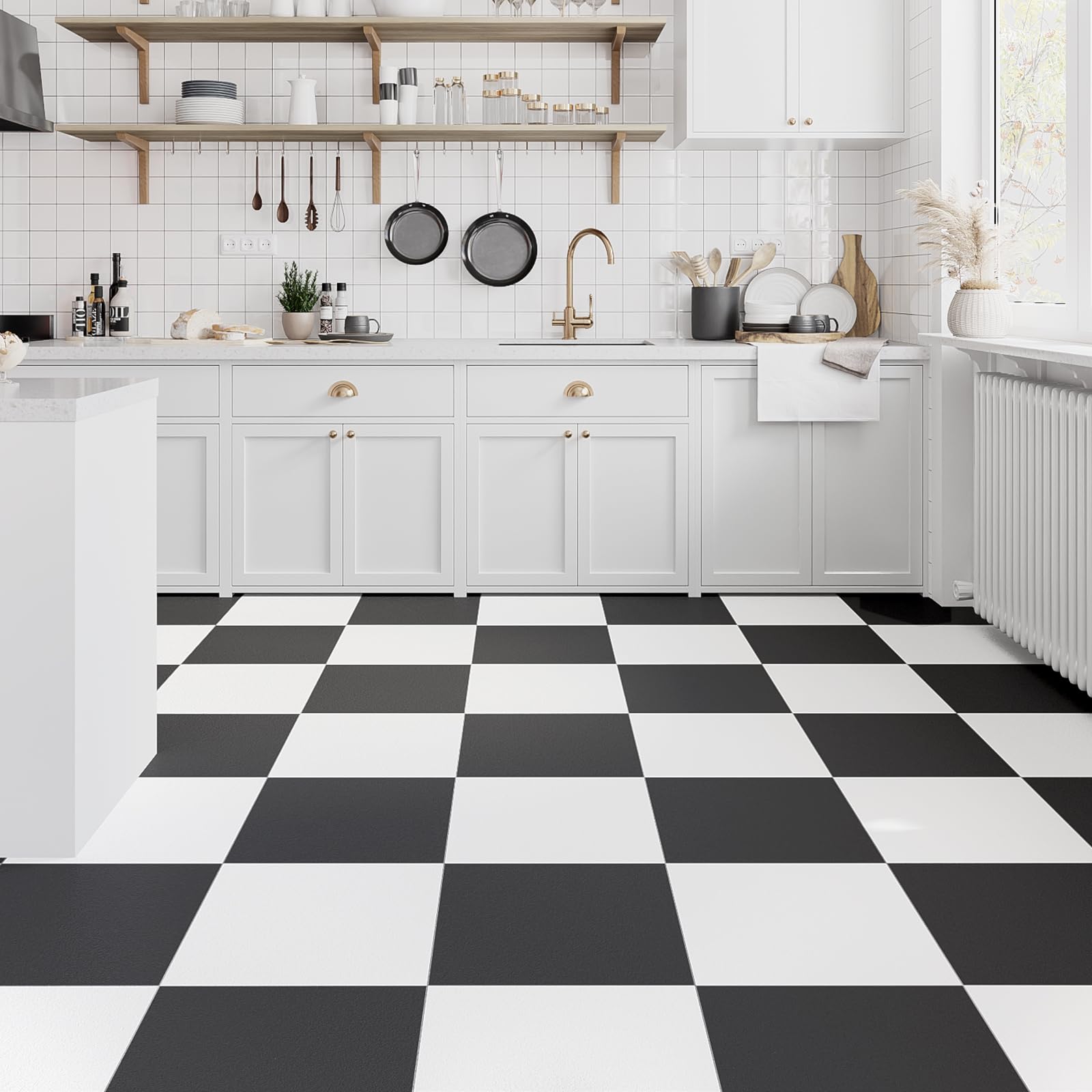 Confezione da 40 piastrelle adesive in vinile opaco per pavimenti, 30,5 x 30,5 cm, per affittuari, cucina, bagno, lavanderia, marmo bianco e nero