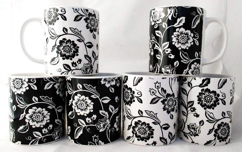 Fromeuropewithlove White Verona Black & Mugs Set Of 6 Porcelain Mugs Hand Decorated In The Uk