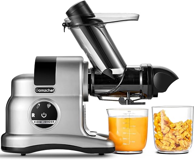 AMZCHEF Sokowirówka z dużym otworem wlotowym 80 mm  150 W sokowirówka z 2 trybami prędkości i funkcją biegu wstecznego  sokowirówka do całych warzyw i owoców, zwycięzca testu  srebrna
