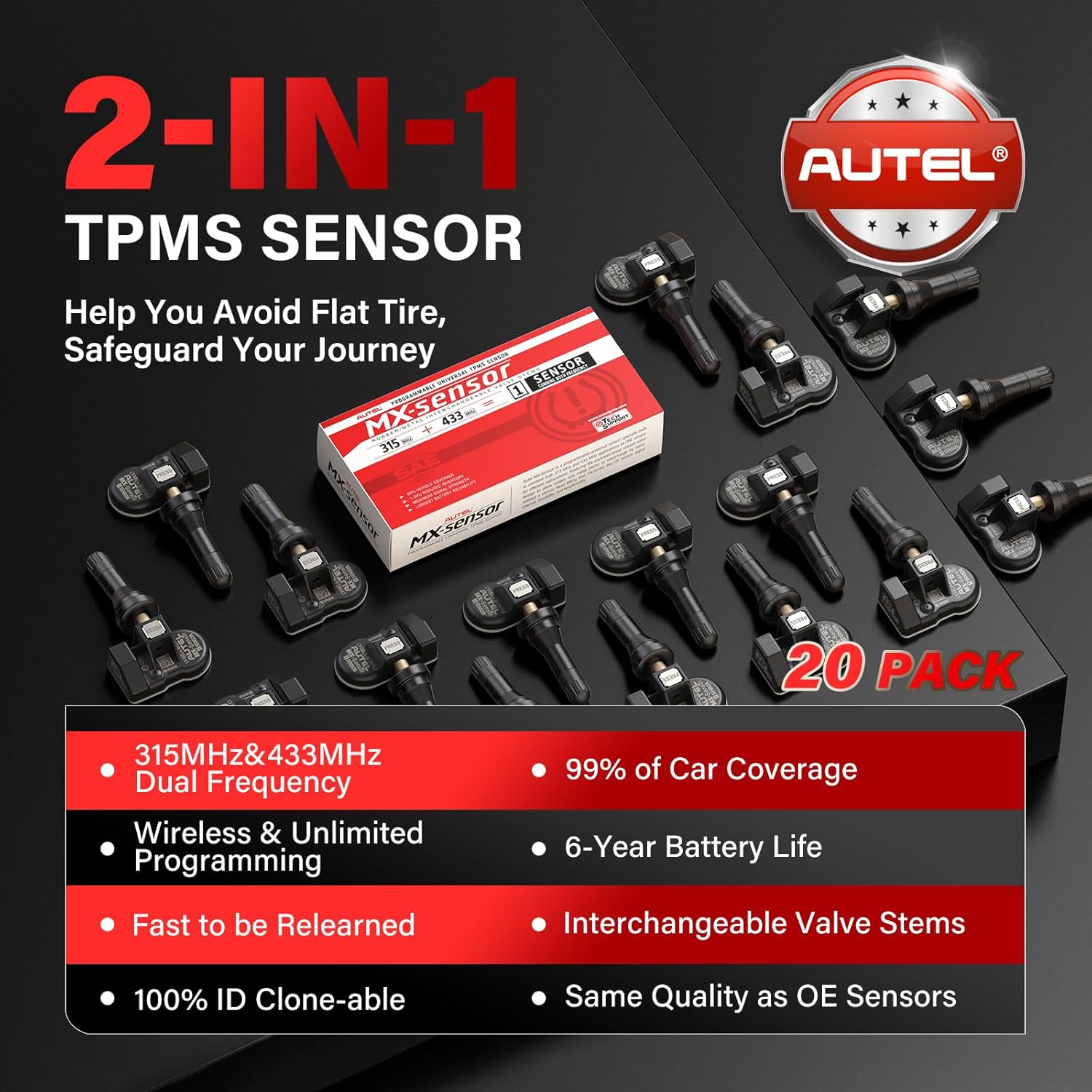 Autel TPMS Sensor 2in1 MX-Sensor 315Mhz/433Mhz Bulk of 20, Tire Sensors Rubber Stem TPMS Sensors Programmable by Autel TS408S TS501 PRO TS508WF MK808S-TS, TPMS Relearn/Activate