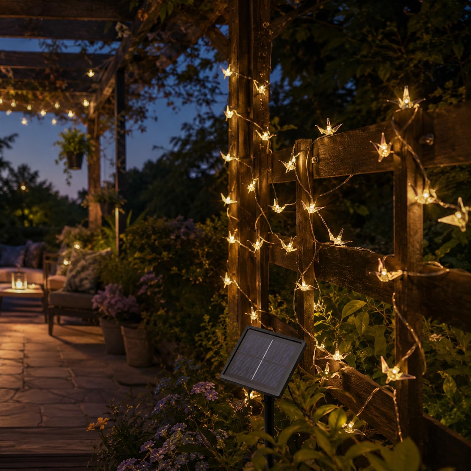 Hiseng Catena Luminosa Esterna Solare, LED Luci Solari Esterno da Giardino a Forma a Mille Gru di Carta, Lampade Solari Impermeabili per Campeggio, Terrazzo, Balcone (Bianco caldo,22m 200LED)