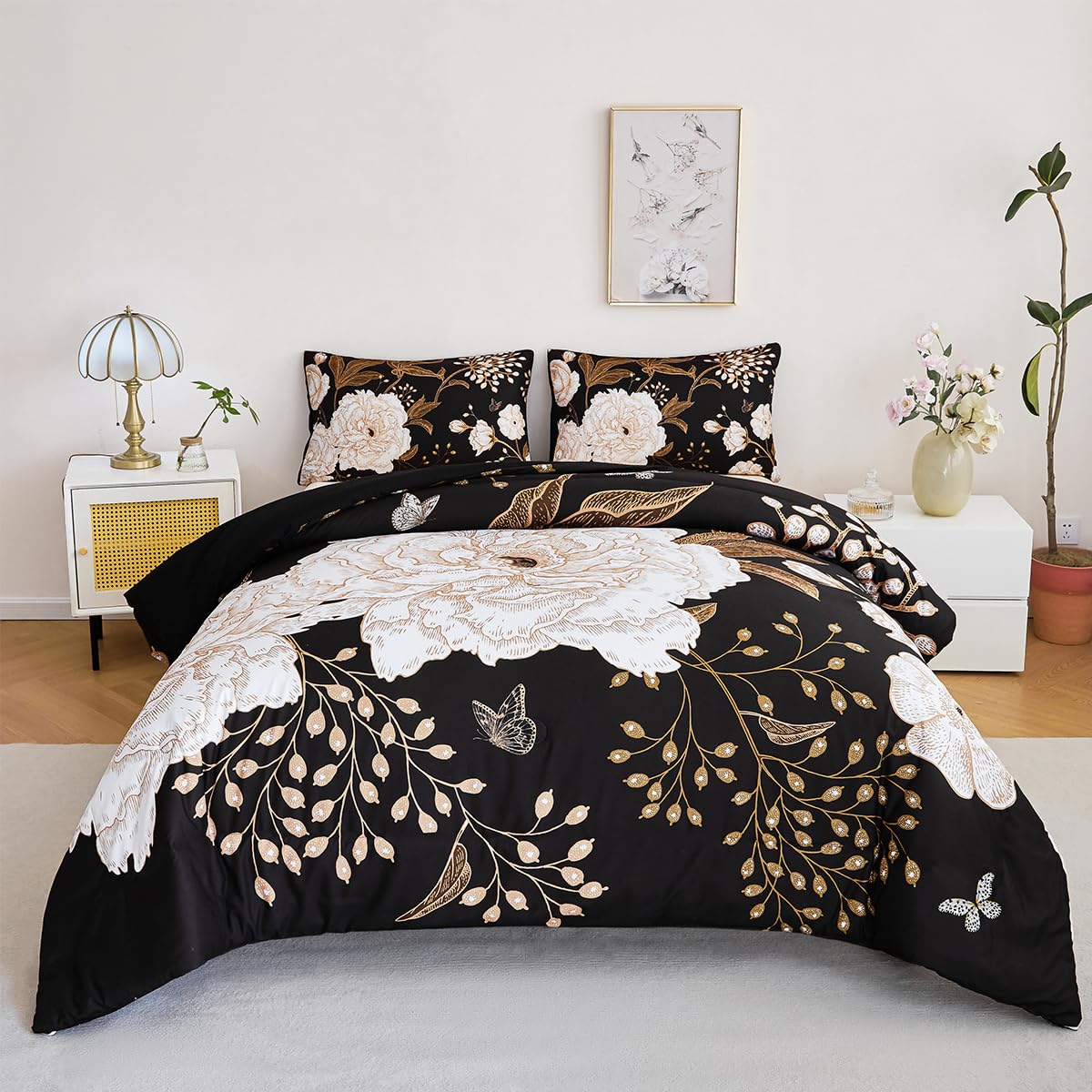 STYHO Floral Duvet Cover Set Black King 3Pcs Farmhouse White Flower and Butterfly Printed Bedding Set Soft Microfiber Botanical Themed Duvet Covers with Pillowcases(Black