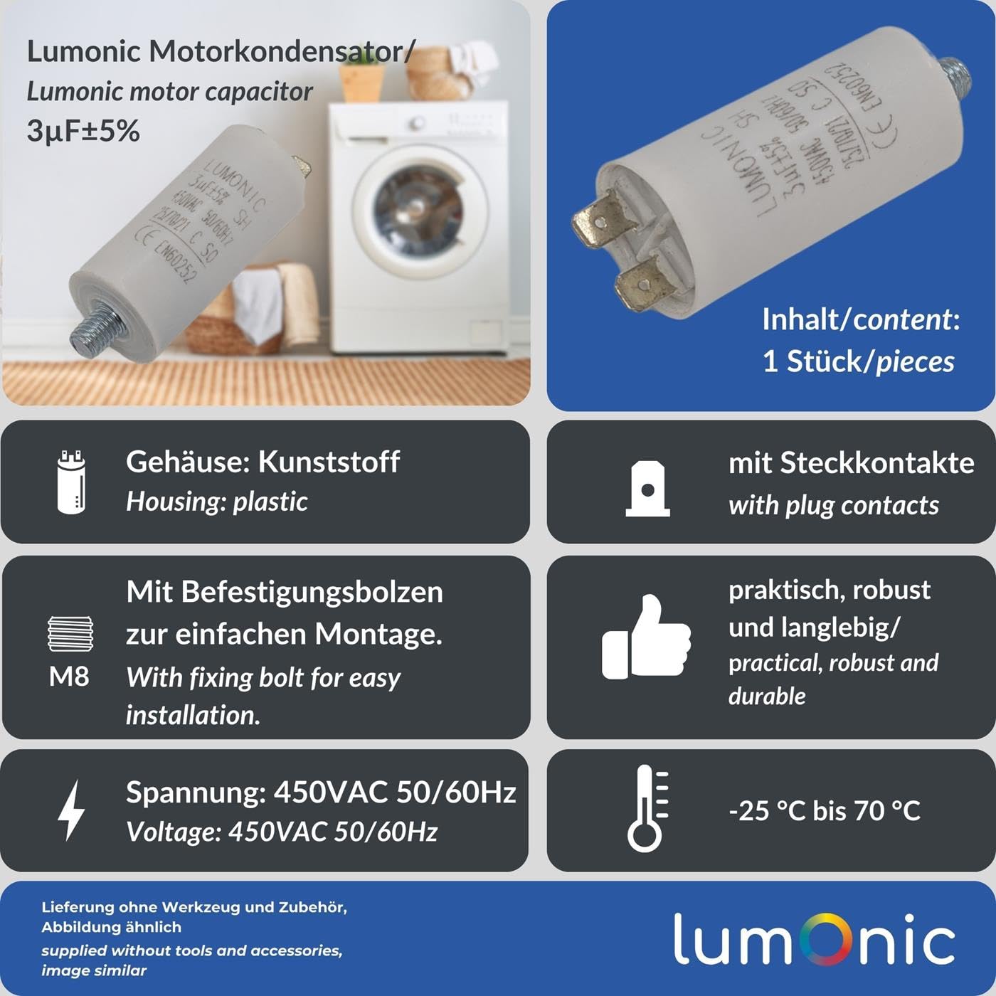 Lumonic Kondensator rozruchowy 3µF 450V | z WtyczkaX I 26x55mm I 3uF I Kondensator silnikowy z plastikowa obudowa I Kondensator operacyjny I do pomp, kosiarek, narzedzi
