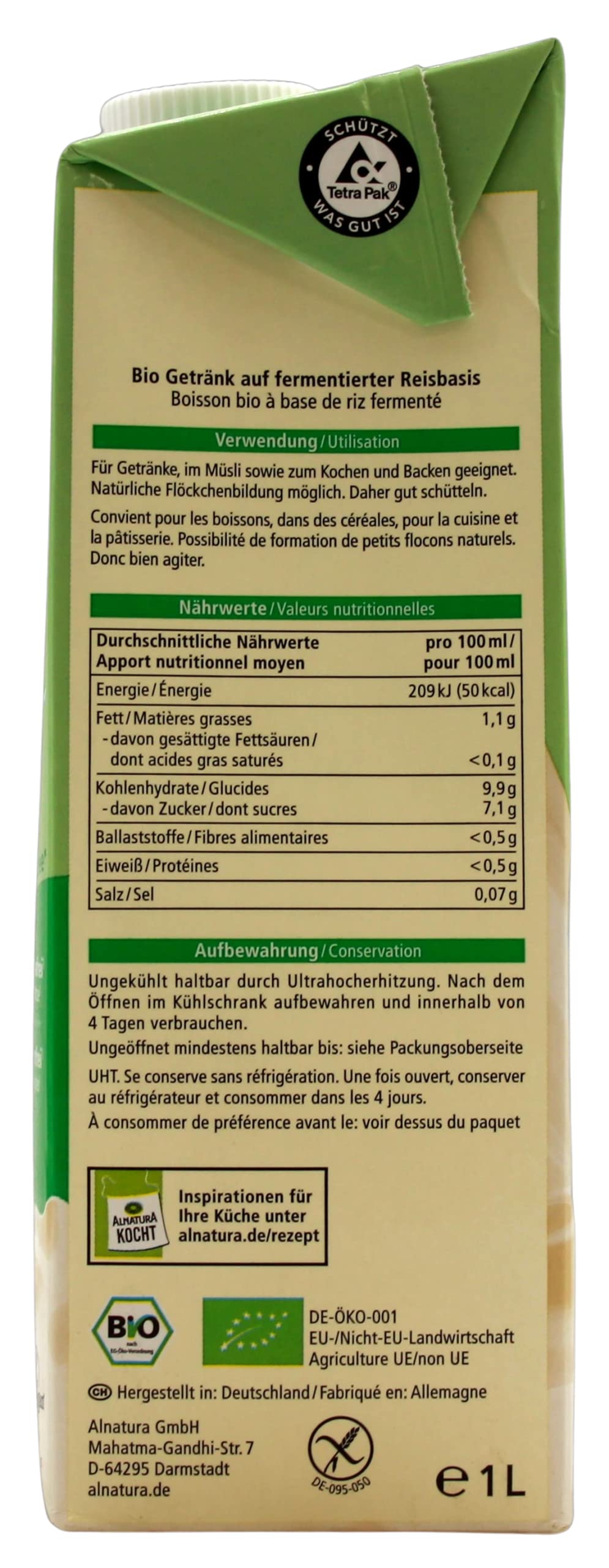 Alnatura Bio Reis Drink ungesüßt vegan, 8er Pack (8 x 1 l)