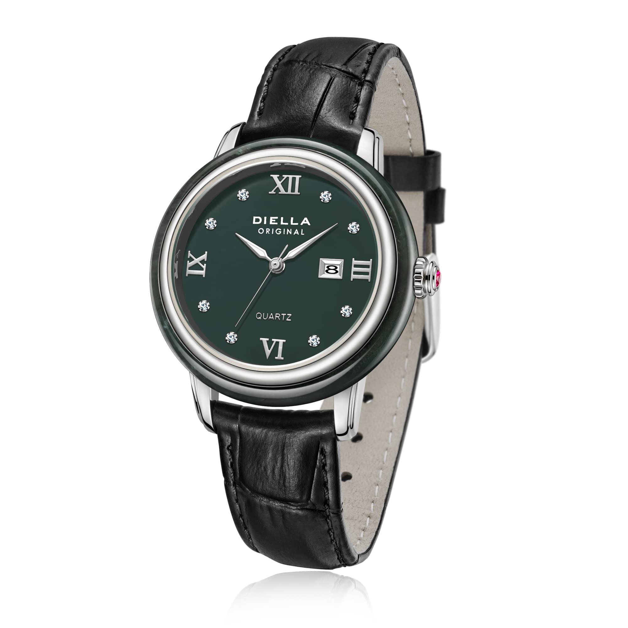 Diella Classic Quartz Watch for Women, Women's Analog Luxury Wrist Watches with Date, Leather Strap, Black Jade and Stainless Steel, Silver (AD5002L)