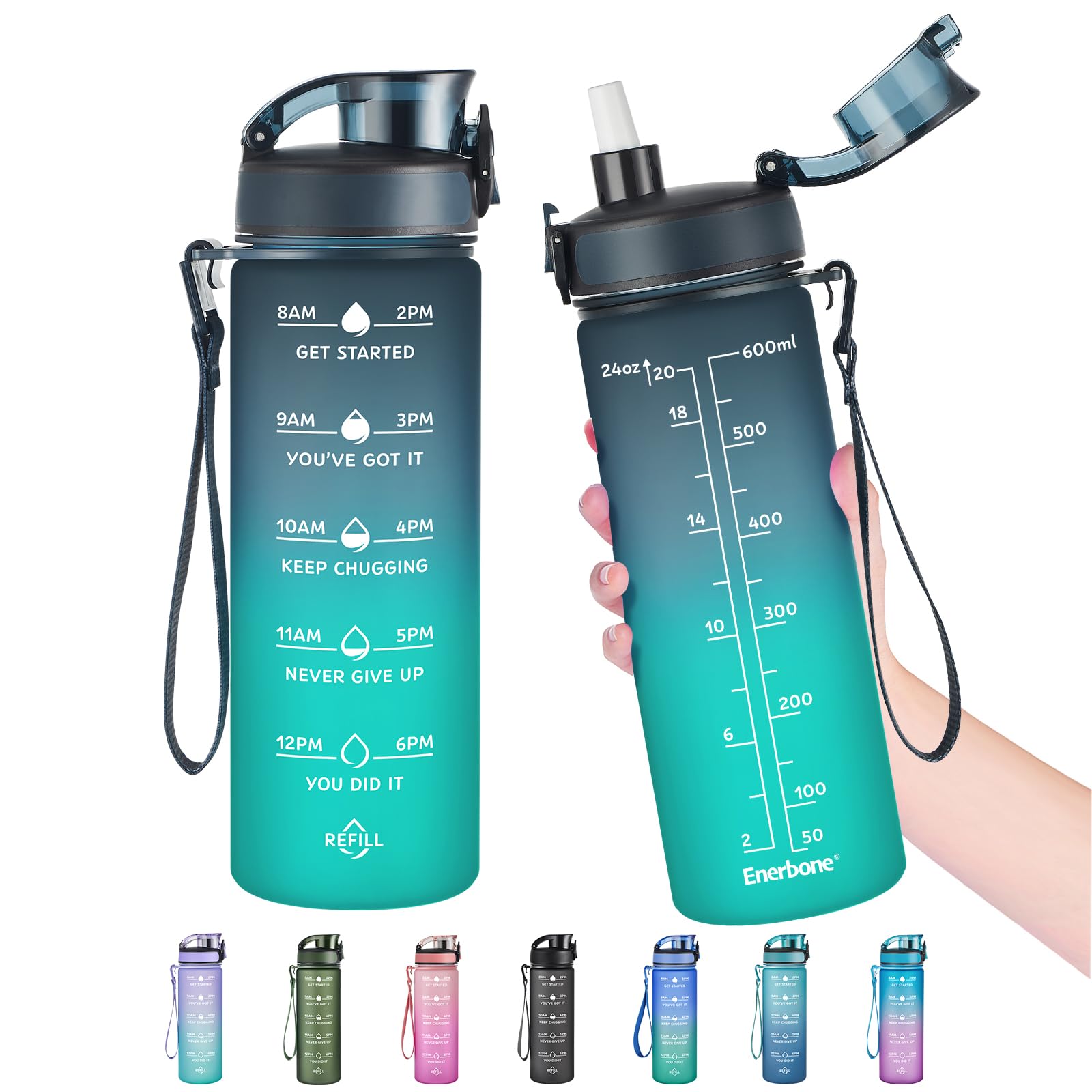 Enerbone 24 oz Water Bottle, Leakproof BPA & Toxic Free, Motivational Water Bottle with Times to Drink and Straw, Fitness Sports Water Bottle with Strap for Office, Gym, Outdoor Sports — image 1