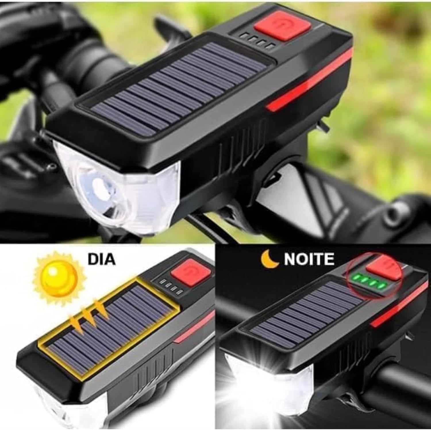 kit Lanterna Solar P/Bike Bicicleta com Buzina Potente Recarregável 3 modos de Luz + Sinalizador Traseiro Recarregável USB para Bicicleta -Vende Mais