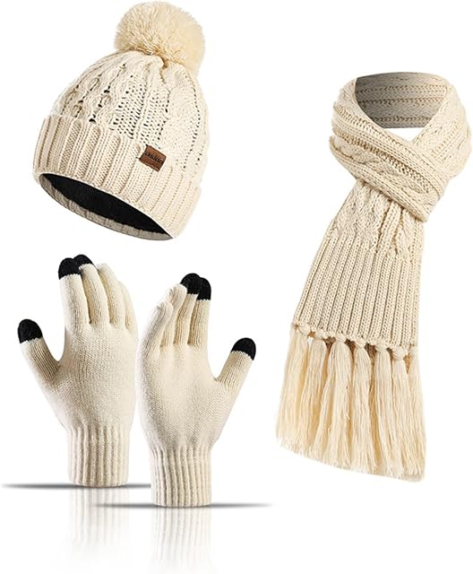 JOMA-E Shop Winter Warm Knitted Scarf Beanie Hat and Gloves Women's Cold Weather Sets Soft Stretch Hat Scarf and Mitten Set Girls