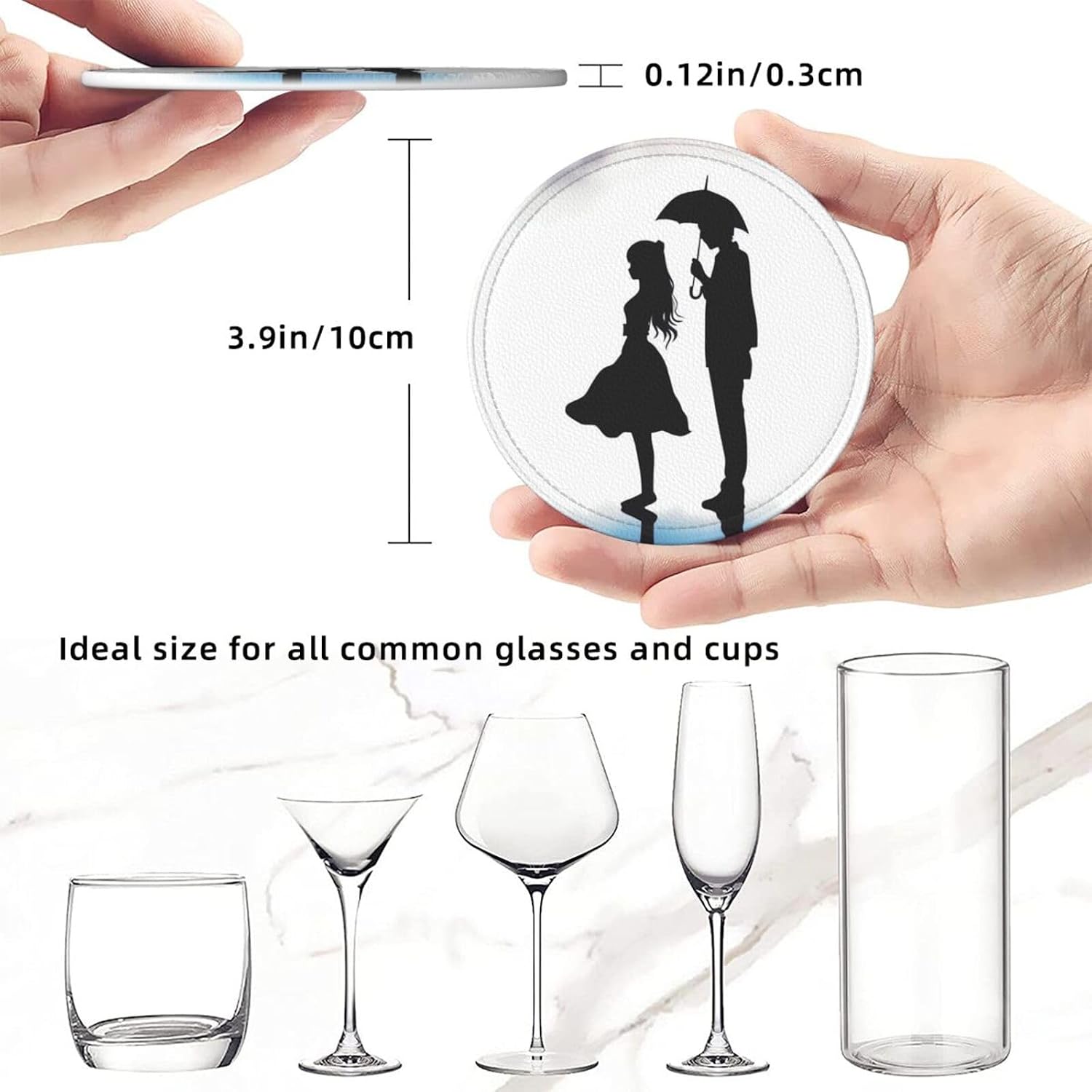 6 Pcs Leather Coasters for Drinks, 4" Drinking Coaster for Tabletop Protection, Anime Lovers Silhouette Drink Coasters Set with Holder for Kinds of Cups Aesthetic Cup Mat for Home Decor Gift image 2