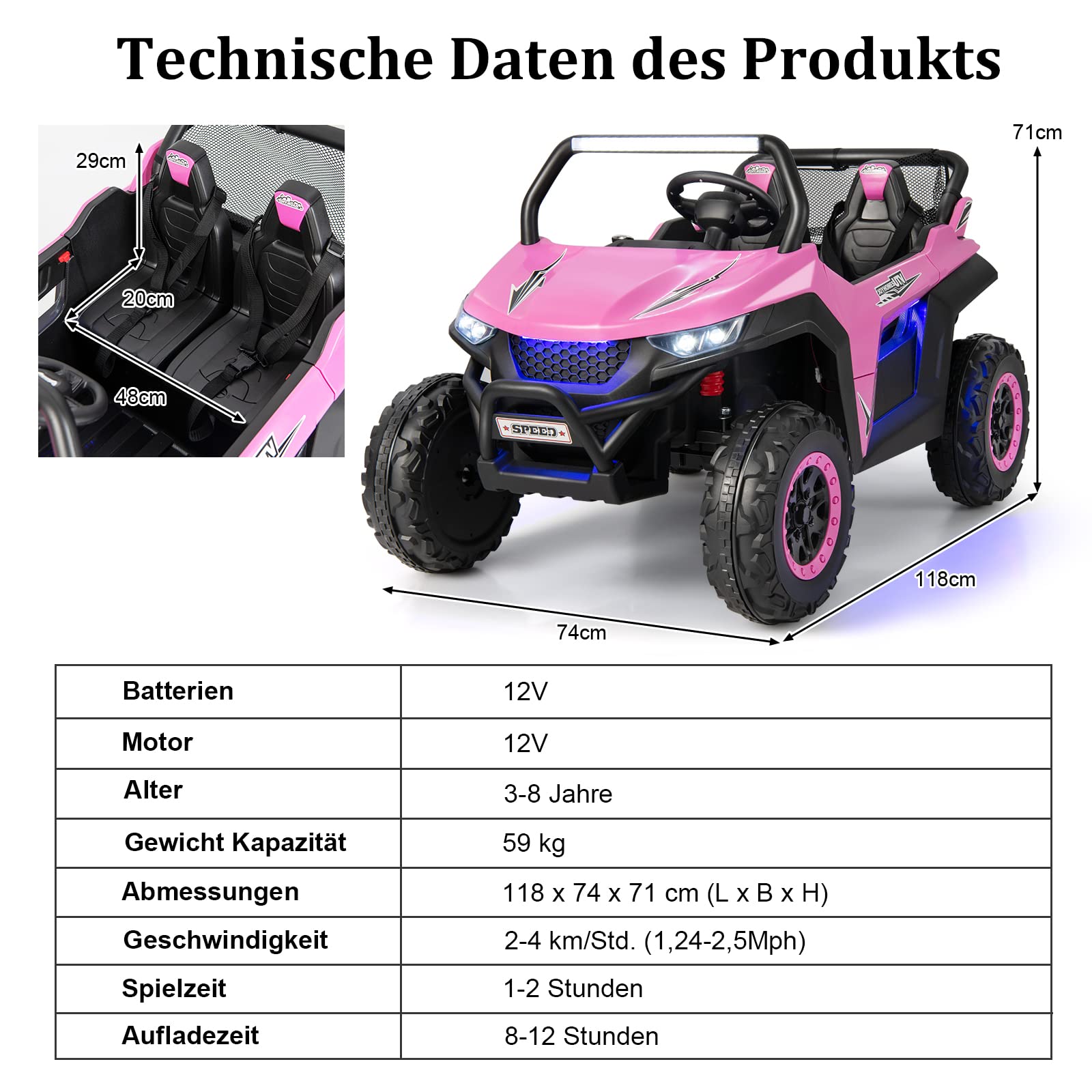 COSTWAY 2-osobowy samochód dziecięcy z pilotem zdalnego sterowania 2,4 G, 12 V, UTV dla dzieci z muzyką i reflektorem, Auto 2-4 km/h, dla dzieci od 3 lat (różowy)