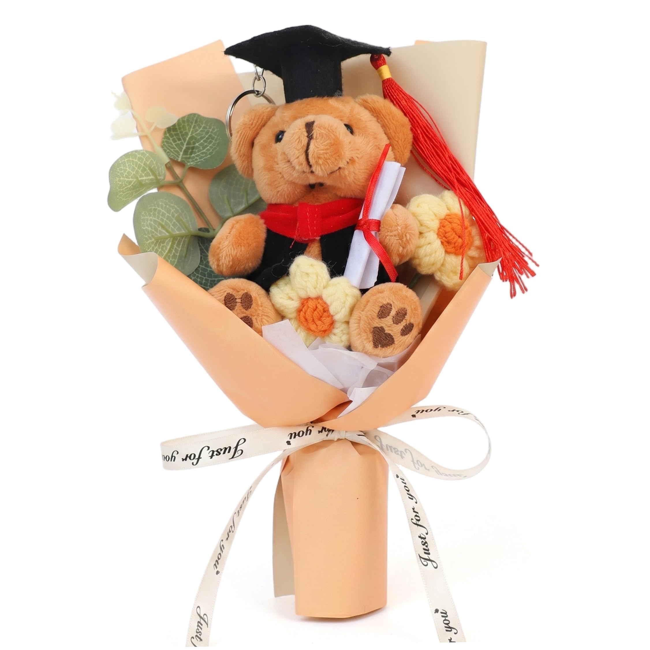Syutokul Graduation Crochet Bouquet, Graduation Bouquet With Hand-knitted Flowers & Grad Bear for Daughter Son Party Favors, Yellow