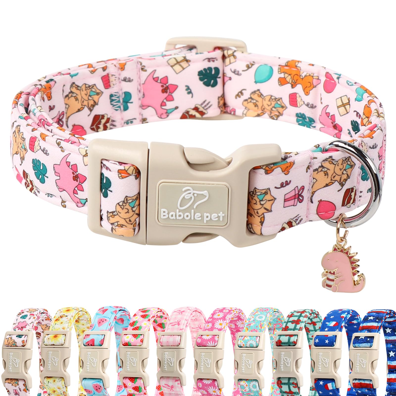Babole Pet Cute Dinosaur Dog Collar, Adjustable Pink Dino Dog Collars for Medium Dogs, Lightweight Quick-Release Buckle Birthday Collar for Boy&Girl