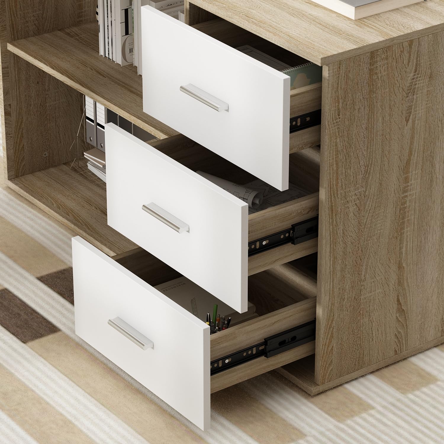 Escritorio en forma de L, escritorio de esquina, escritorio para ordenador, escritorio con 3 cajones y 2 compartimentos abiertos, mesa de trabajo, mesa de oficina, 130 x 105 x 75 cm, MDF