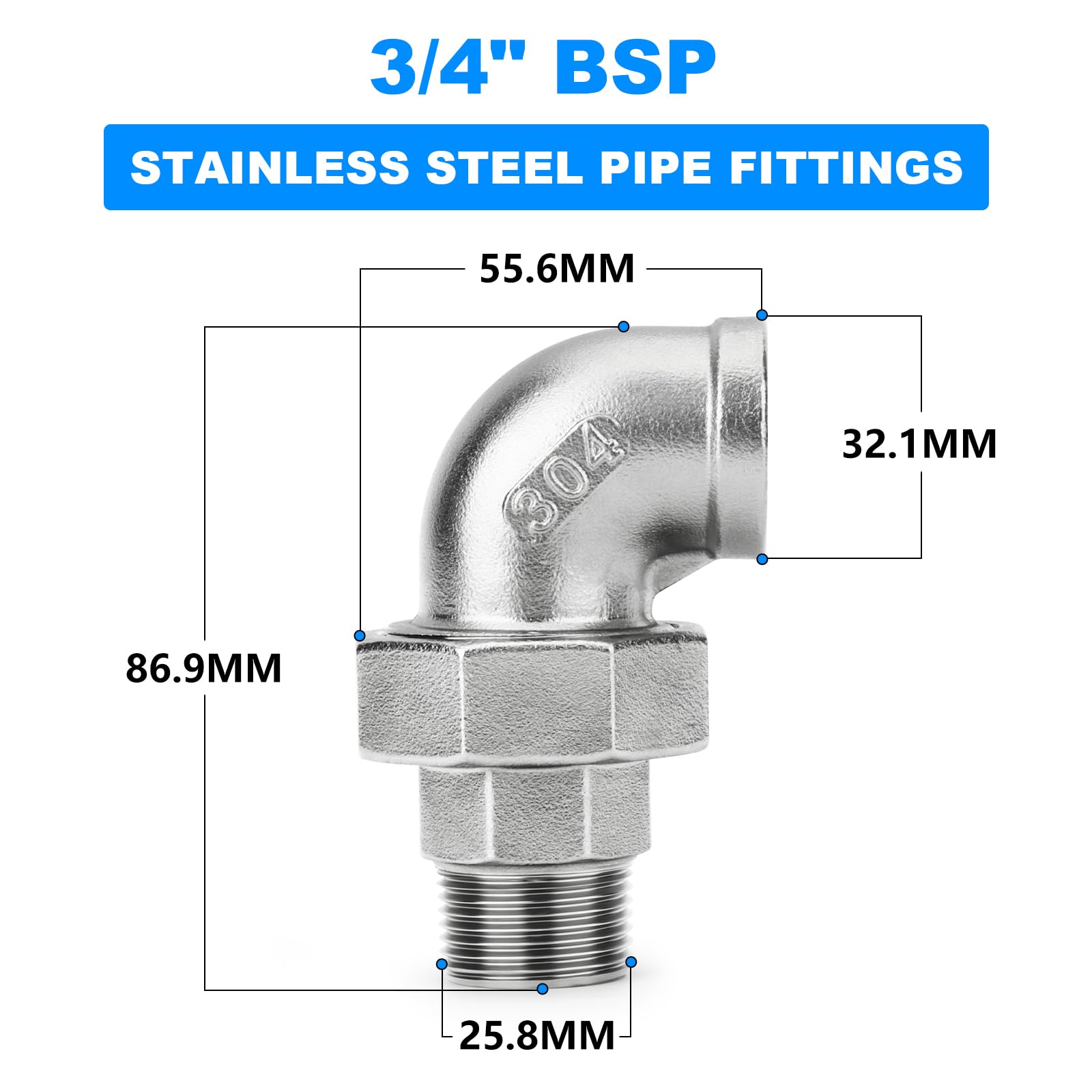 TAILONZ PNEUMATIC Coude en acier inoxydable 304 moulé Raccord de tuyau à angle droit 90 degrés Adaptateur fileté BSP 3/4" mâle x 3/4" femelle (lot de 2)