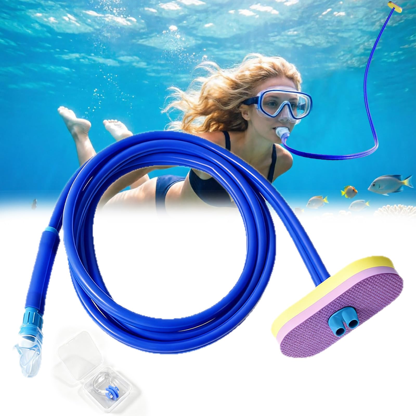 Underwater Breathing Tube, Swimming Snorkel Swim Long Pipe Gear, Dry and Semi-Dry Snorkel Tubes, Durable Long Snorkels Tubes for Adult Water Sports, For 1 Nose Clip (Blue Double Tube 1.5 Meters)
