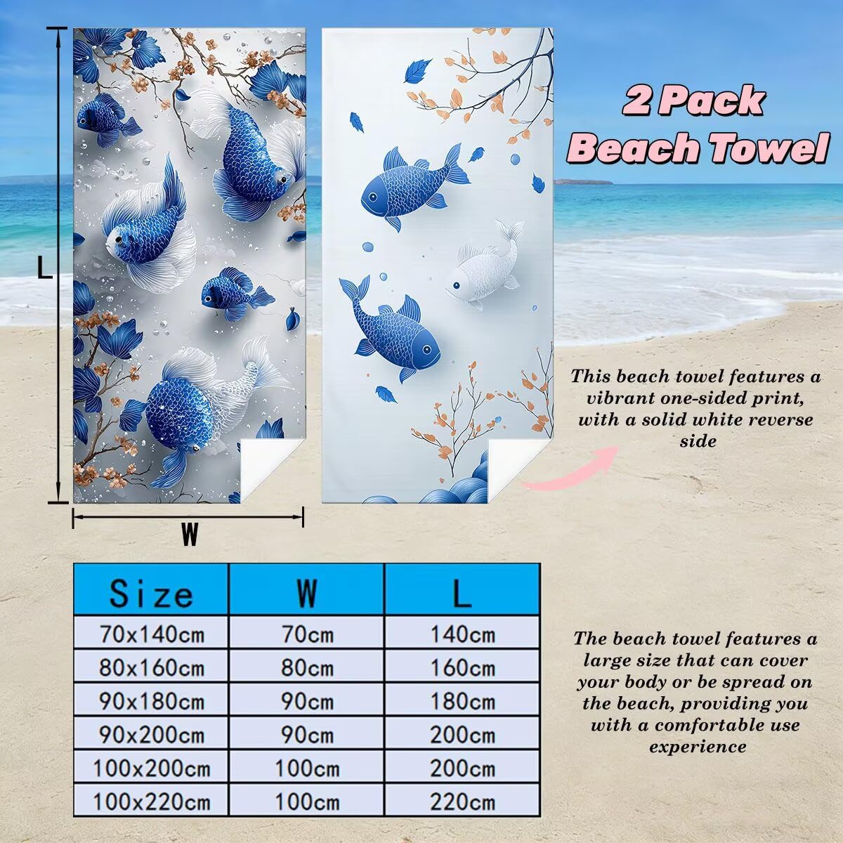 Ręcznik plażowy XXL, 100 x 220 cm, zestaw 2 szt., z mikrofibry, ręcznik plażowy w kształcie ryby, szybkoschnący, do sauny, fitness, bez piasku, ręcznik plażowy, do sauny, duży ręcznik kąpielowy