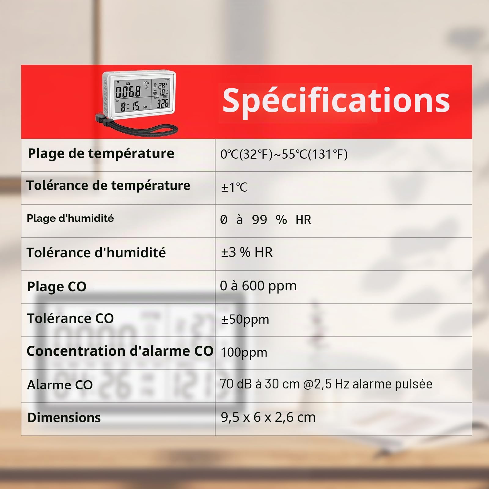 Détecteur Portable 3 en 1 Monoxyde Carbone,Température Humidité Tuya WiFi,Hygromètre Thermomètre Numériques Sans fil,Moniteur Température D'humidité,Détecteur D'alarme à Capteur CO pour la Maison,Cave