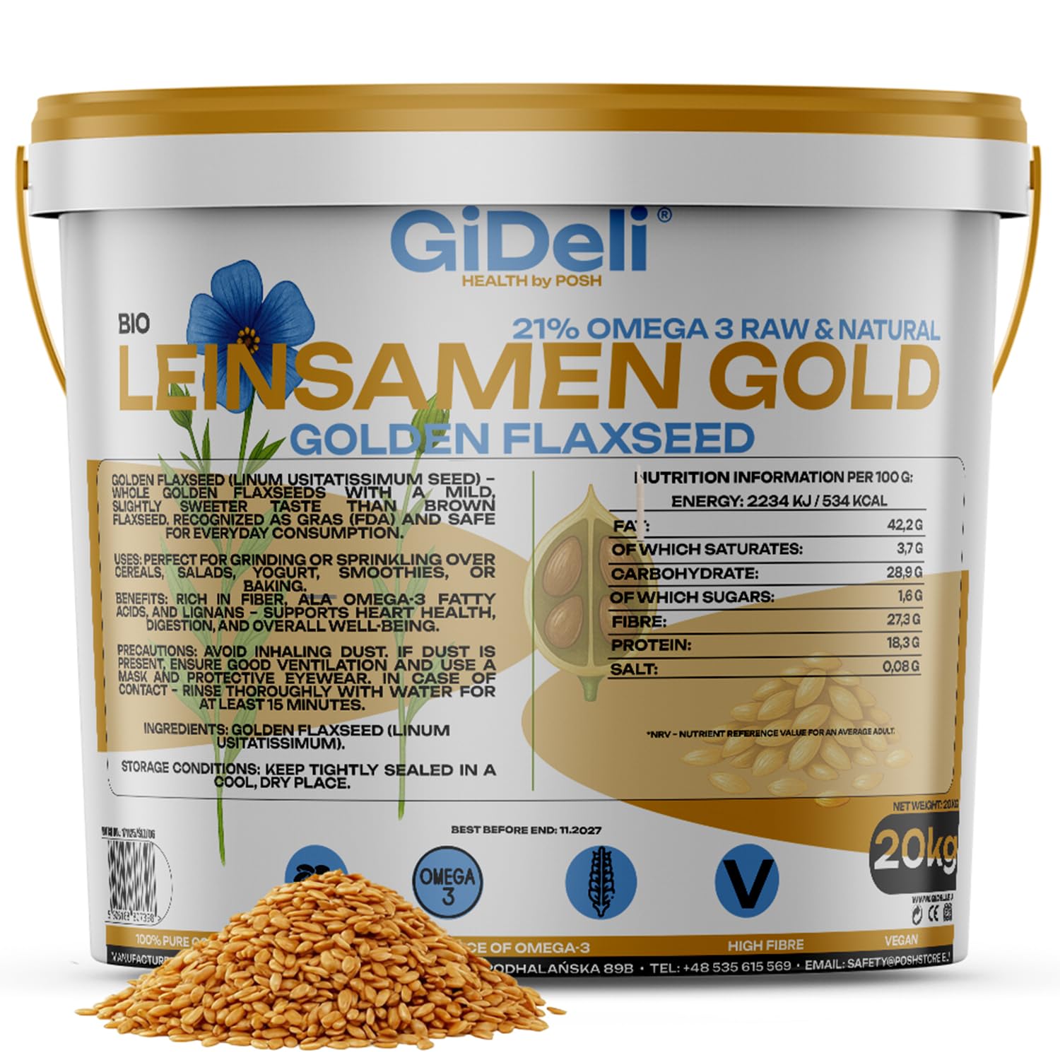 GiDeli Graines de lin dorées 20 kg de graines brutes oméga-3 et fibres, idéales pour les smoothies, les céréales, la pâtisserie et les salades (20 000 g)