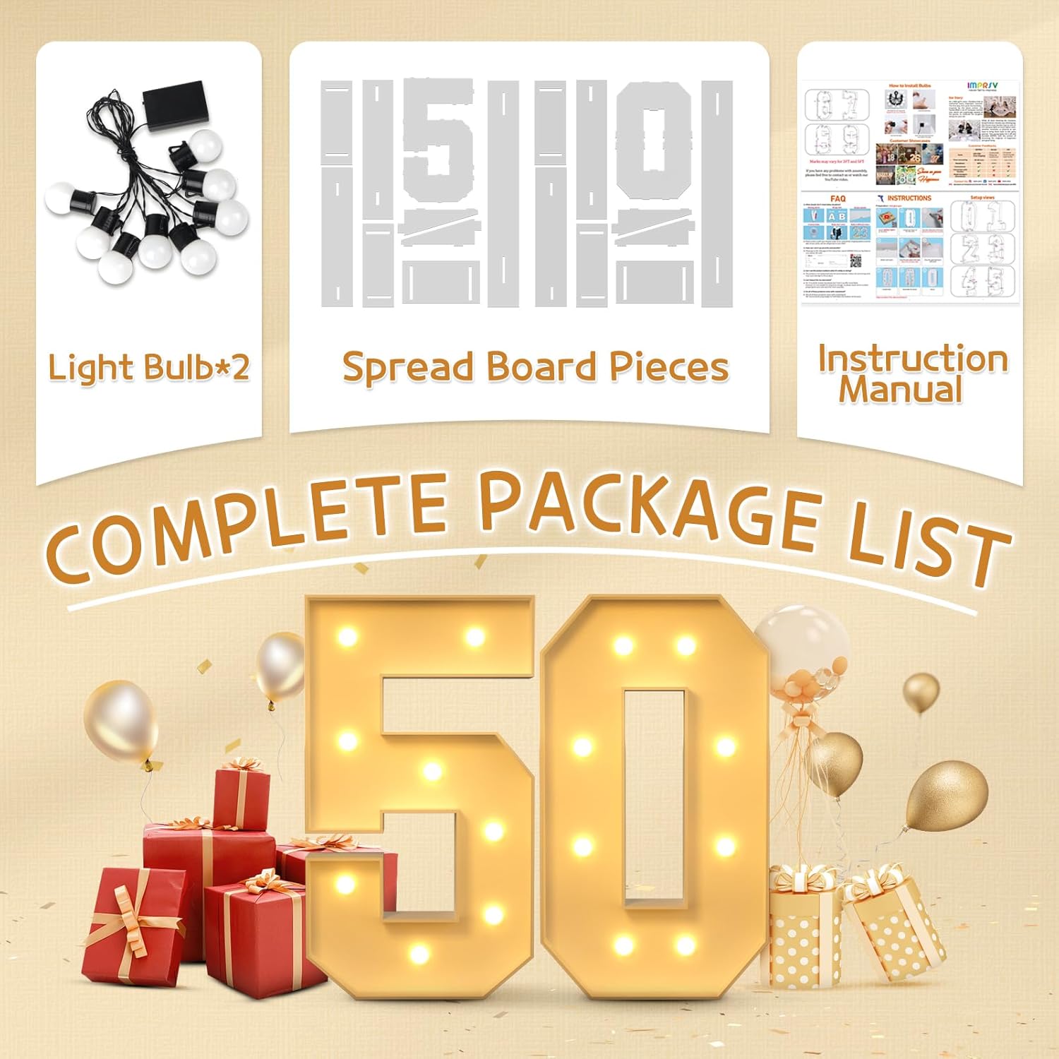 imprsv 3FT 50 Light Up Numbers Large Marquee Numbers, Big Numbers 50 with Lights 50th Birthday Anniversary Decorations for Women Men